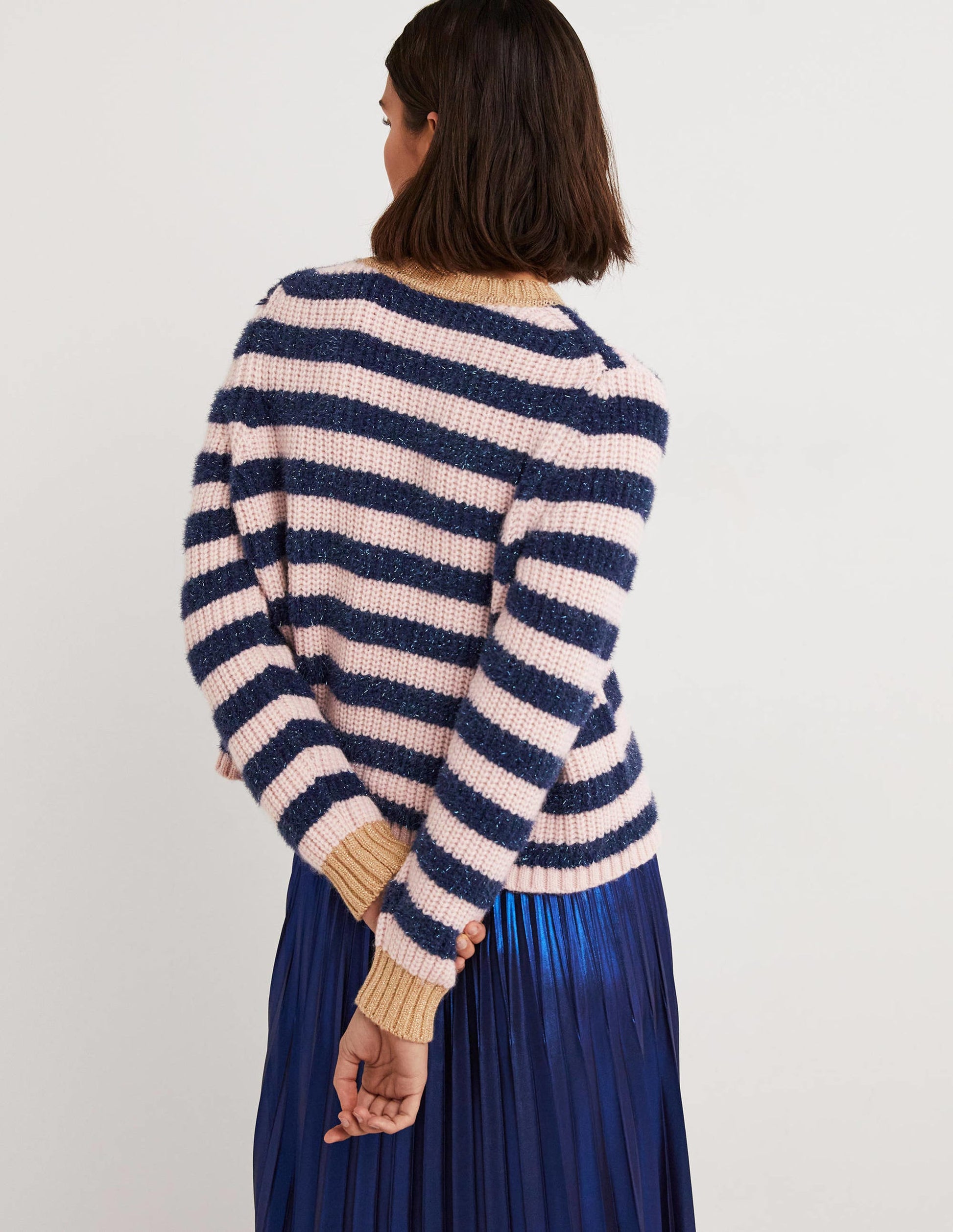 Navy Sparkle Stripe Ribbed Jumper-Navy, Pink Tinsel Stripe-3