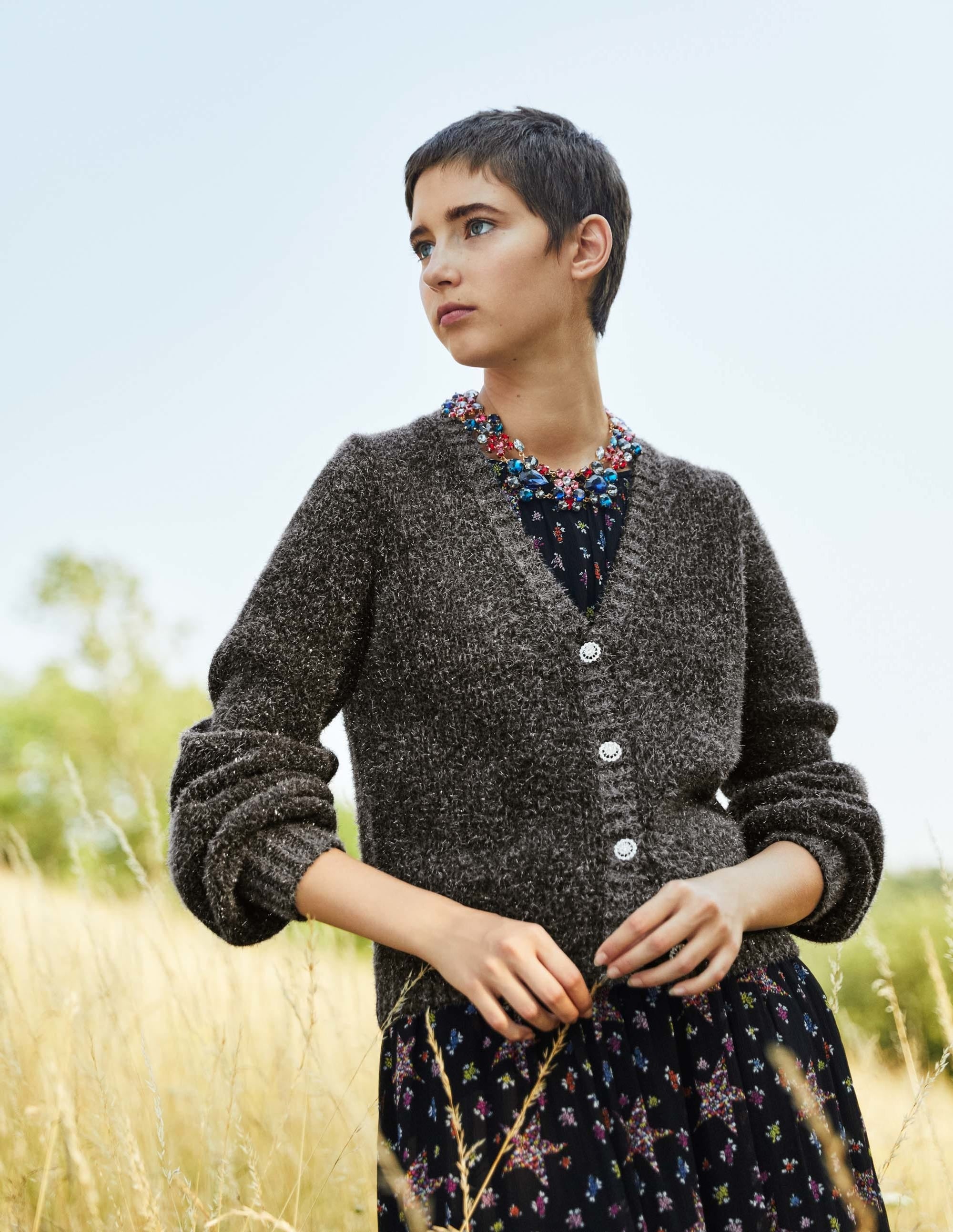 Metallic Fluffy Cardigan-Charcoal Melange, Silver - Image 5