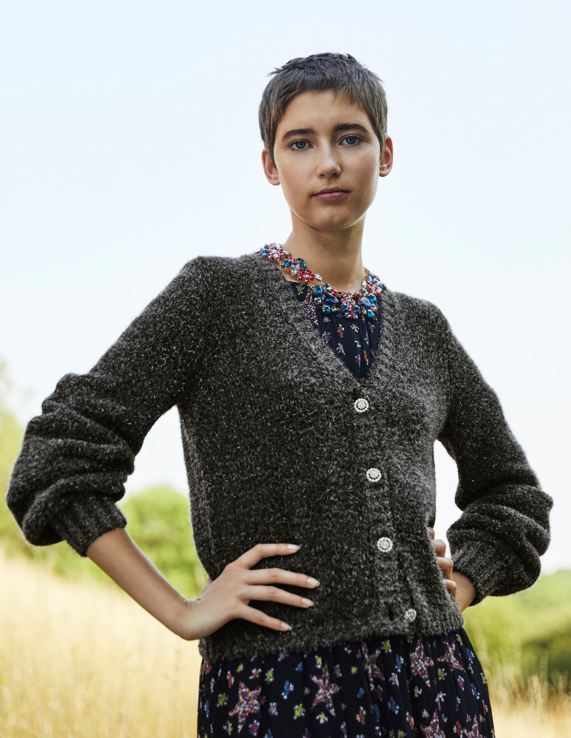 Metallic Fluffy Cardigan-Charcoal Melange, Silver-6