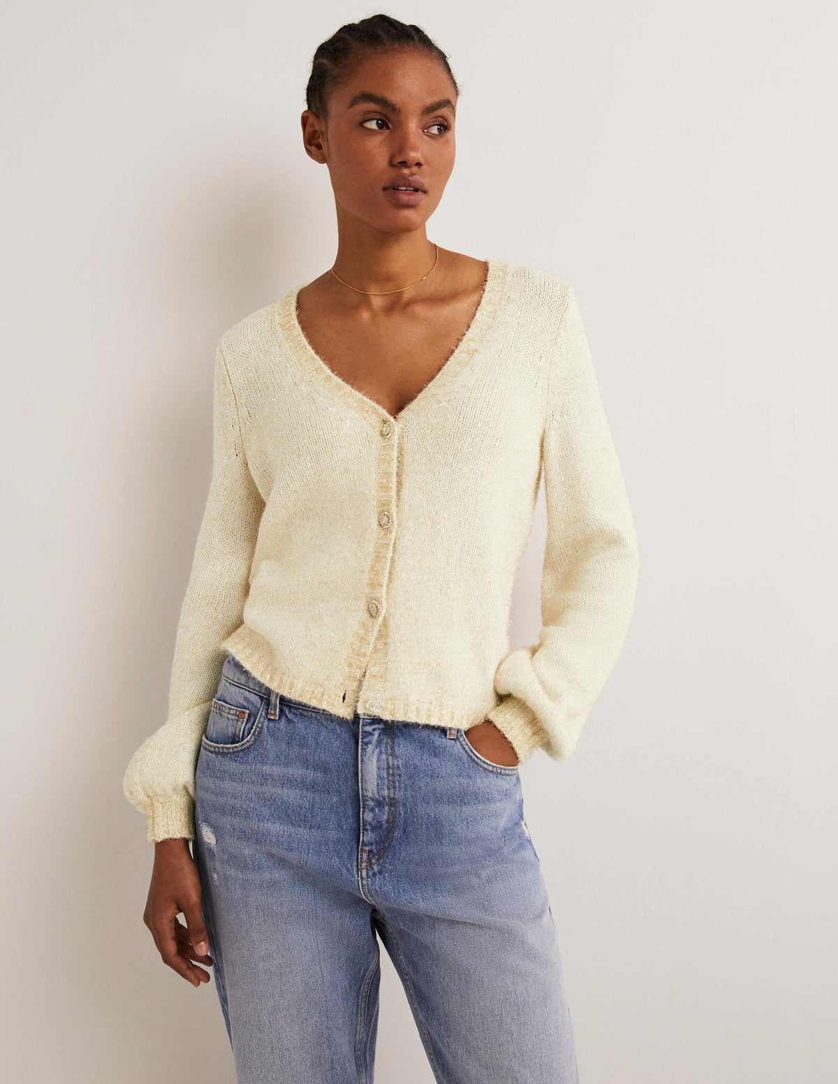 Metallic Fluffy Cardigan-Ivory, Gold - Image 1