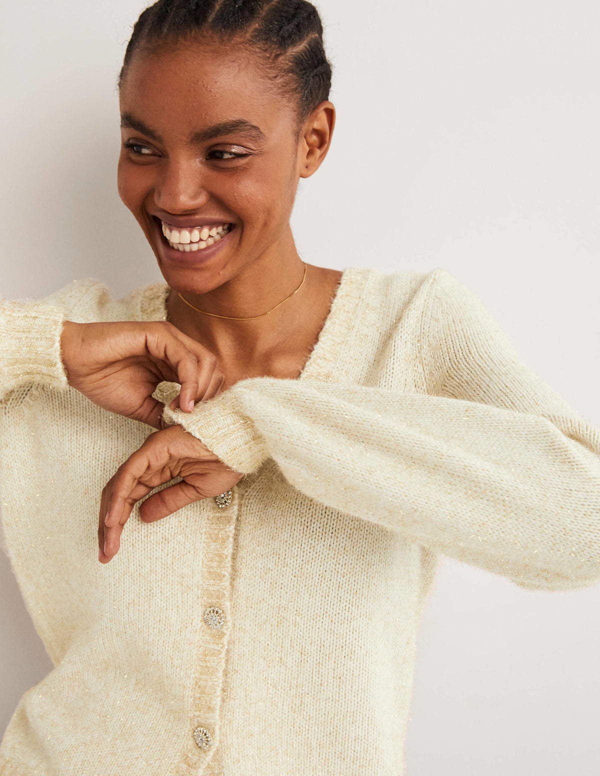 Metallic Fluffy Cardigan-Ivory, Gold - Image 2