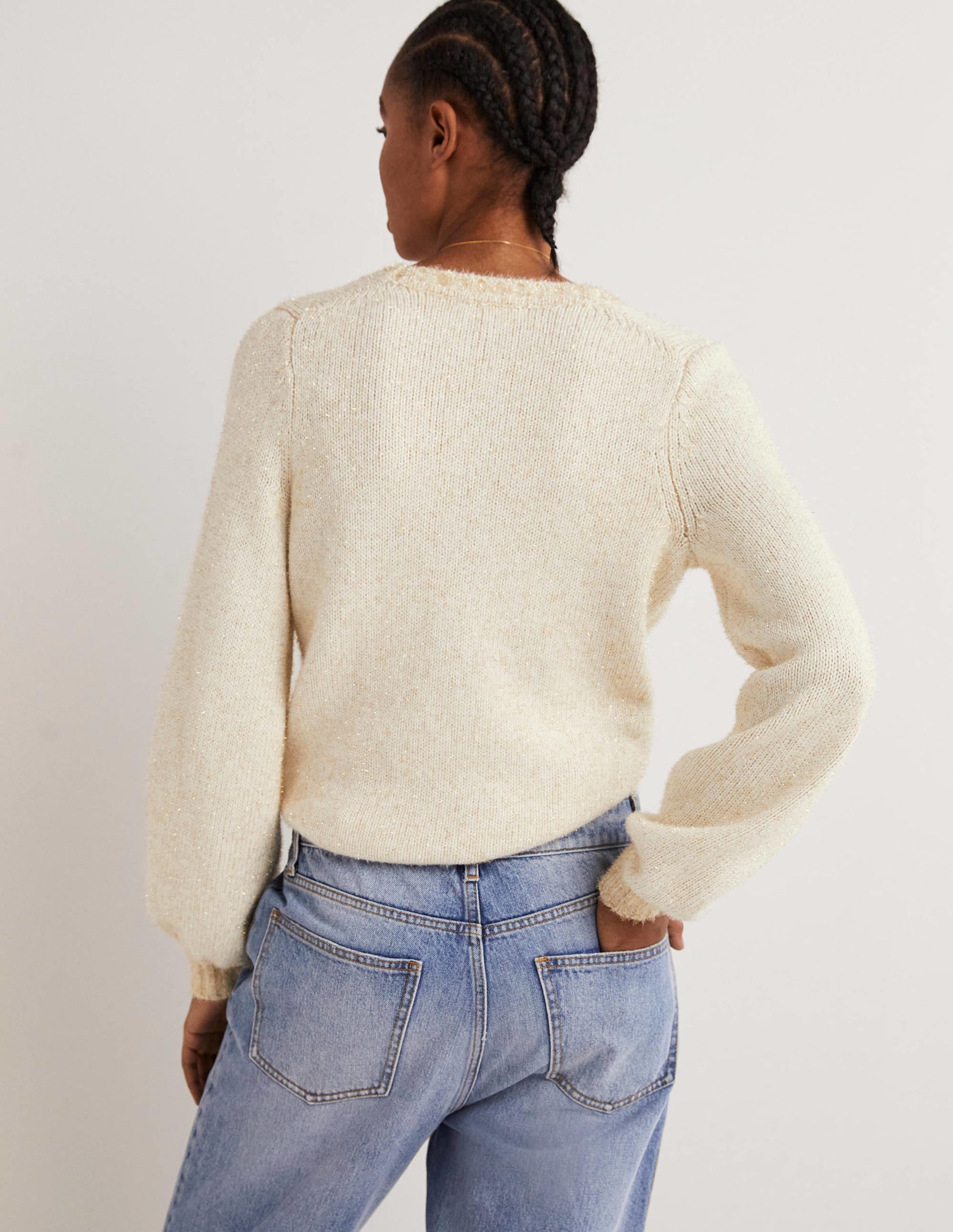 Metallic Fluffy Cardigan-Ivory, Gold - Image 3
