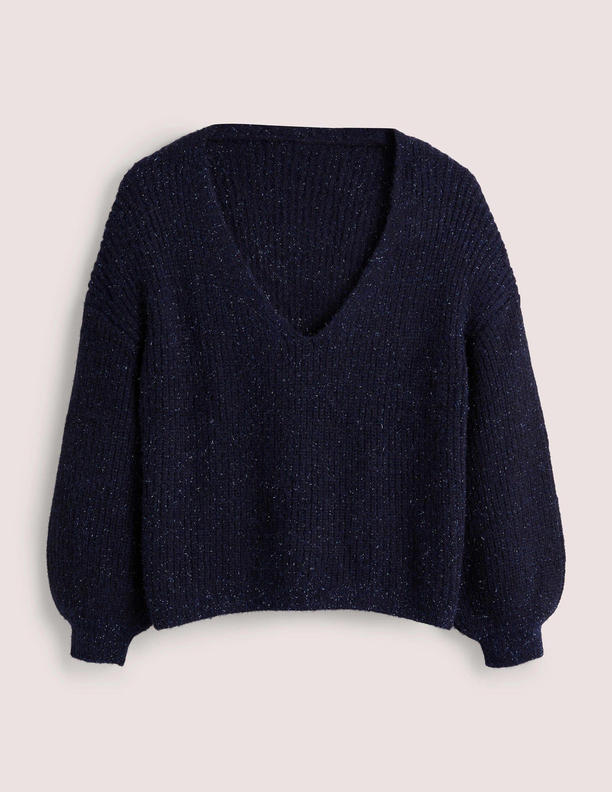 Navy Sparkle Ribbed Fluffy V-Neck Jumper-Navy Sparkle-5