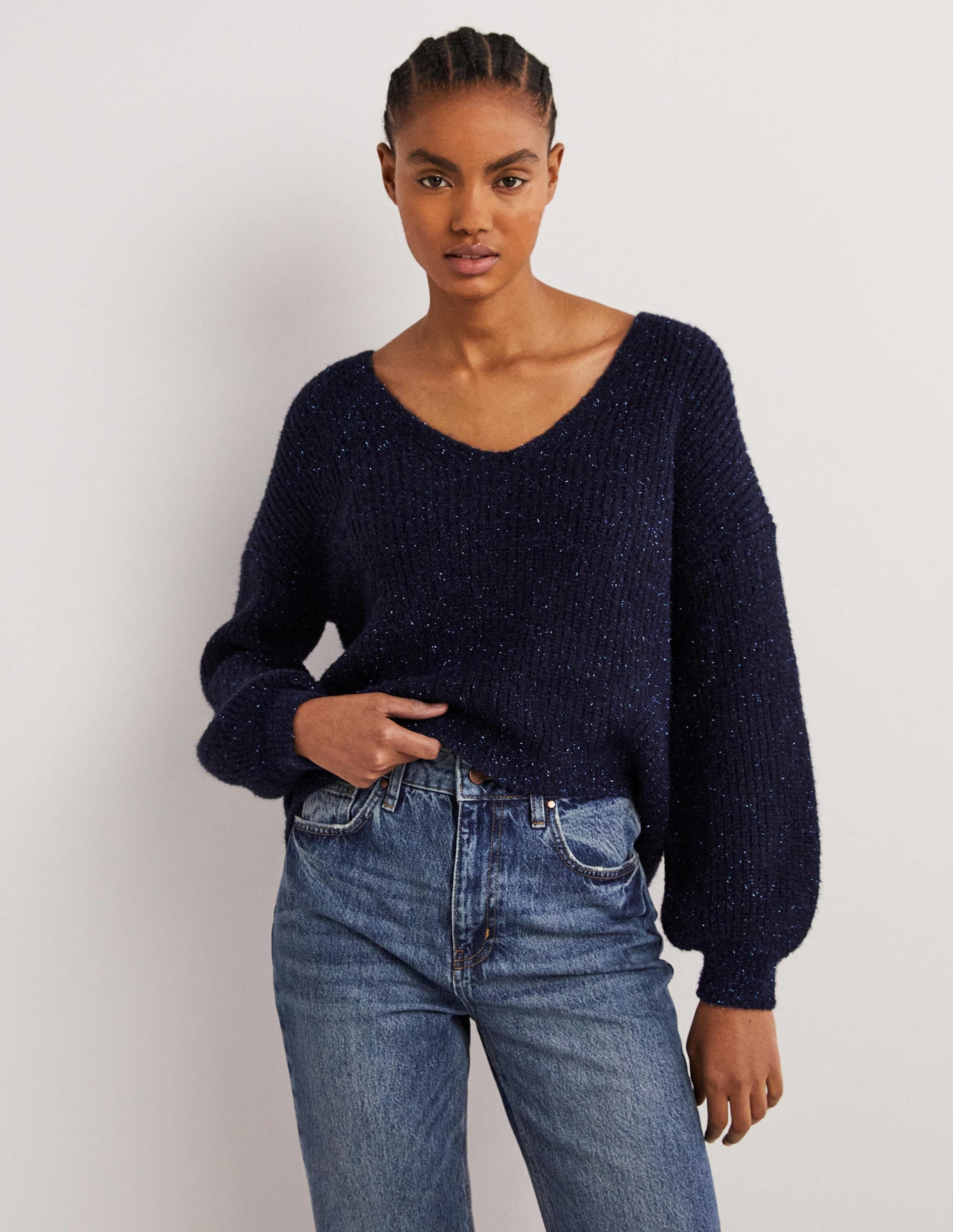 Navy Sparkle Ribbed Fluffy V-Neck Jumper-Navy Sparkle - Image 1