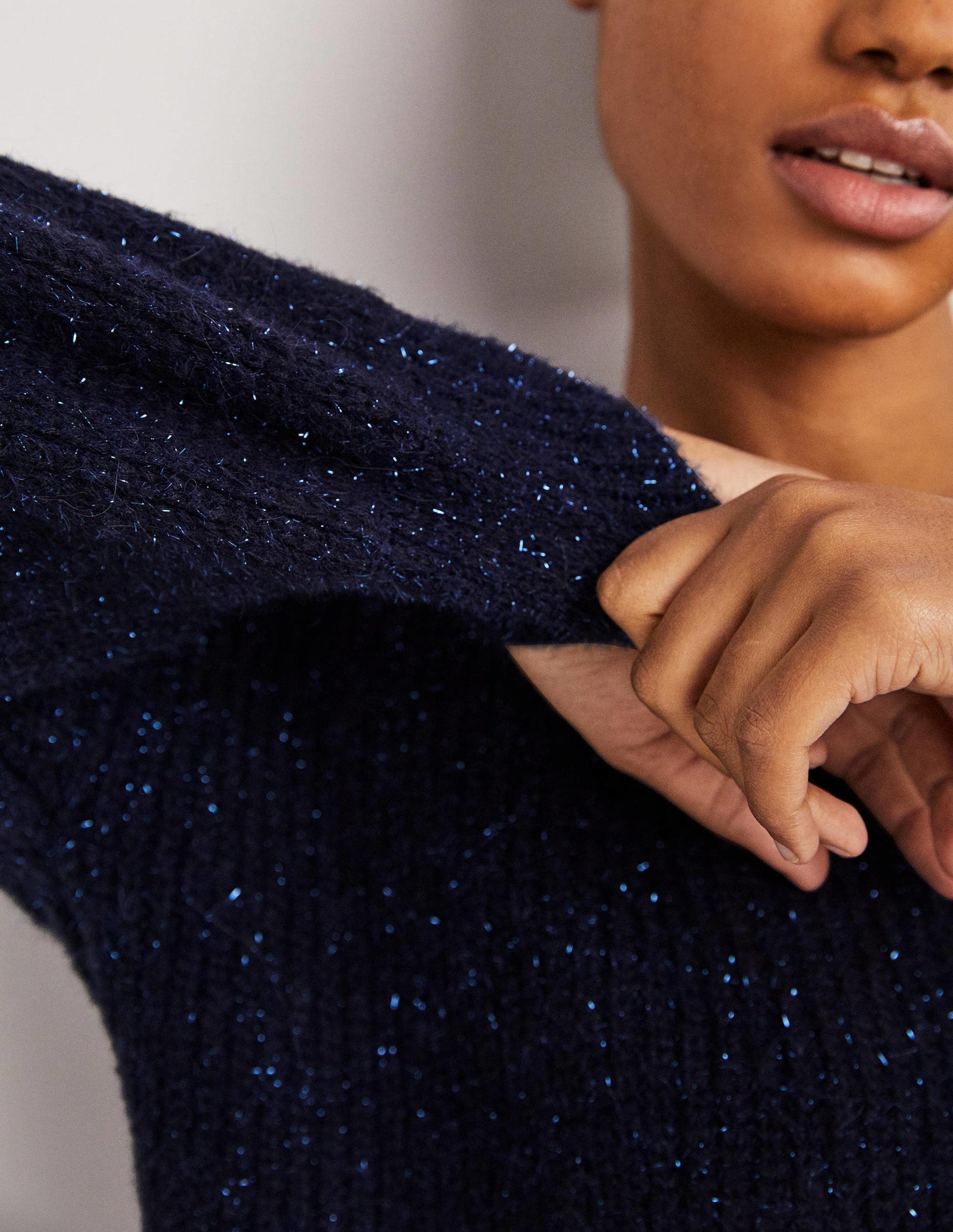 Navy Sparkle Ribbed Fluffy V-Neck Jumper-Navy Sparkle-2