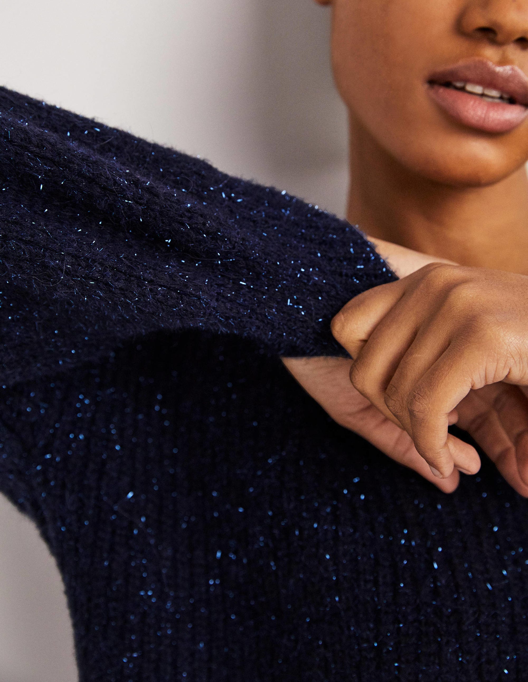 Navy Sparkle Ribbed Fluffy V-Neck Jumper-Navy Sparkle - Image 2