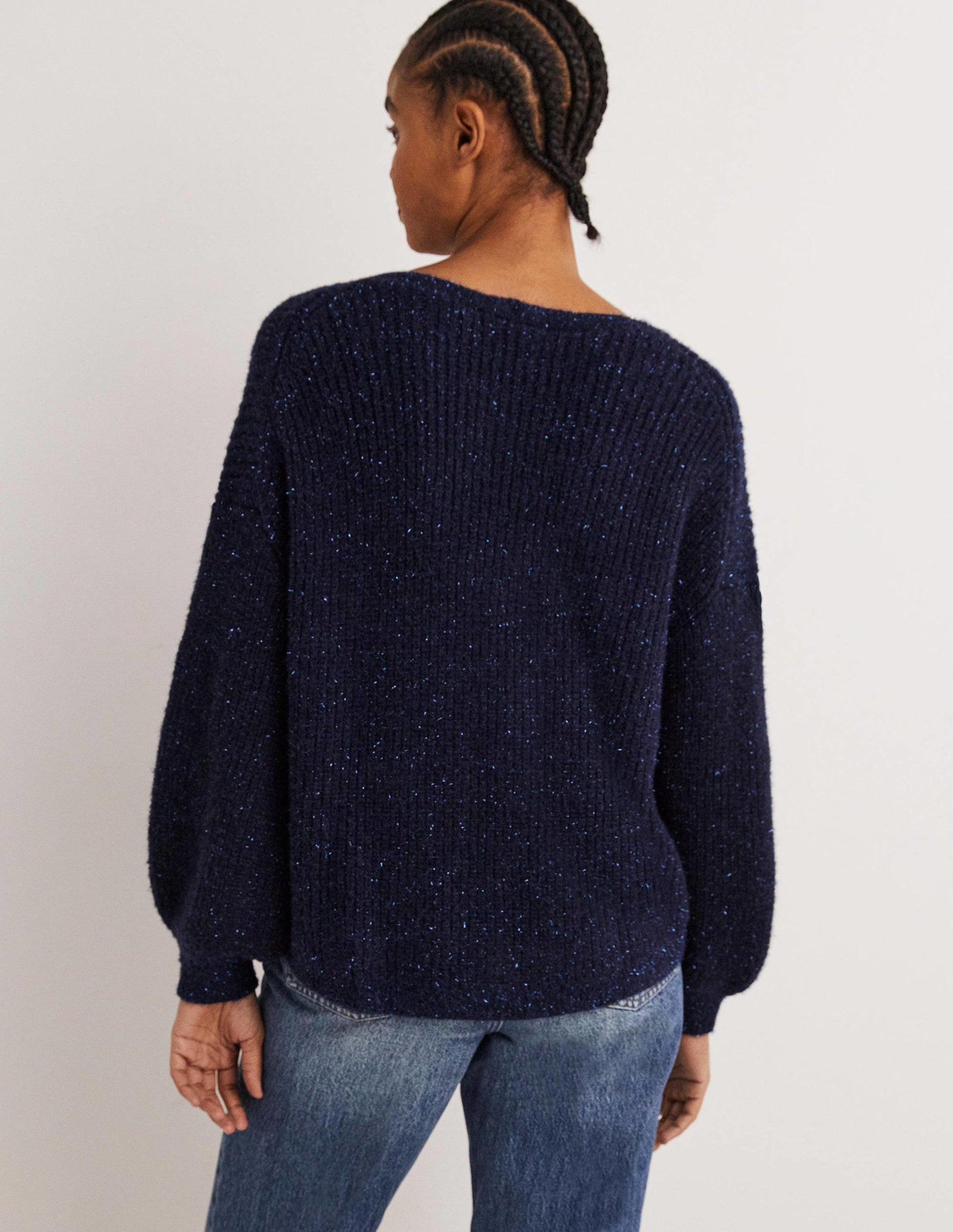 Navy Sparkle Ribbed Fluffy V-Neck Jumper-Navy Sparkle-3