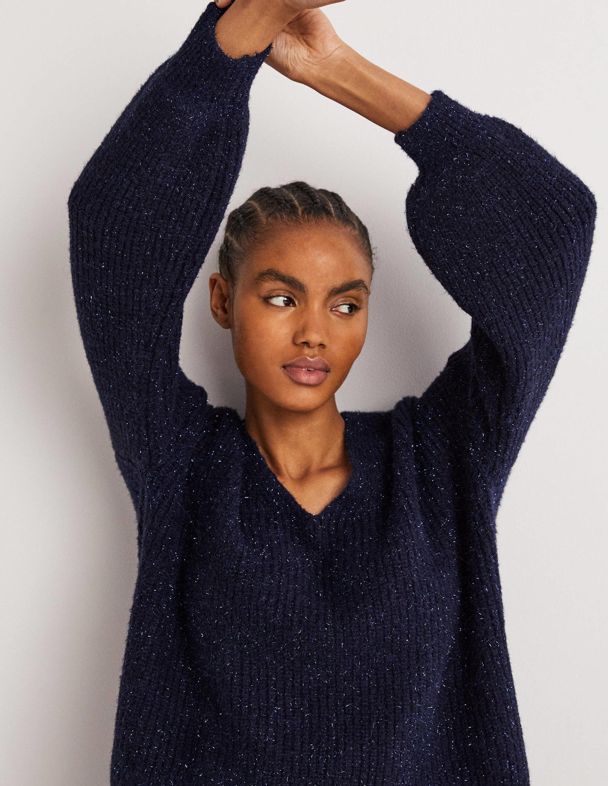 Navy Sparkle Ribbed Fluffy V-Neck Jumper-Navy Sparkle-4