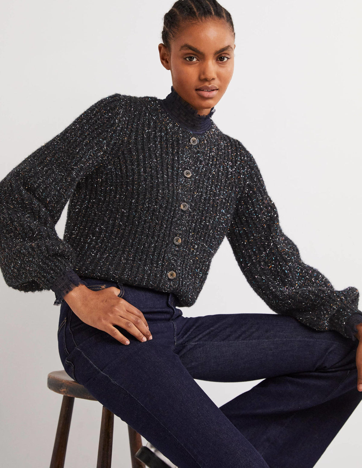 Black Chunky Ribbed Fluffy Cardigan-Black Sparkle - Image 1