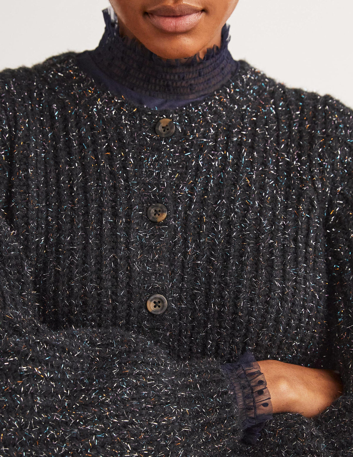 Black Chunky Ribbed Fluffy Cardigan-Black Sparkle-2