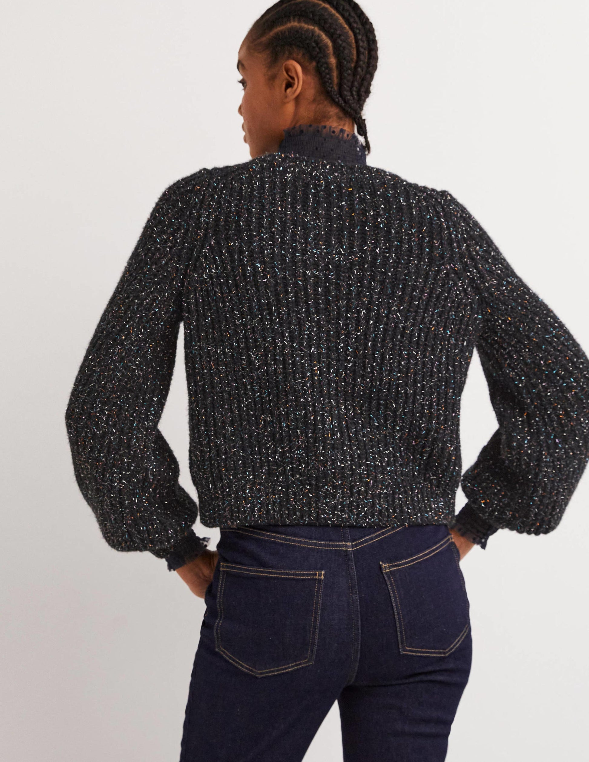 Black Chunky Ribbed Fluffy Cardigan-Black Sparkle-3