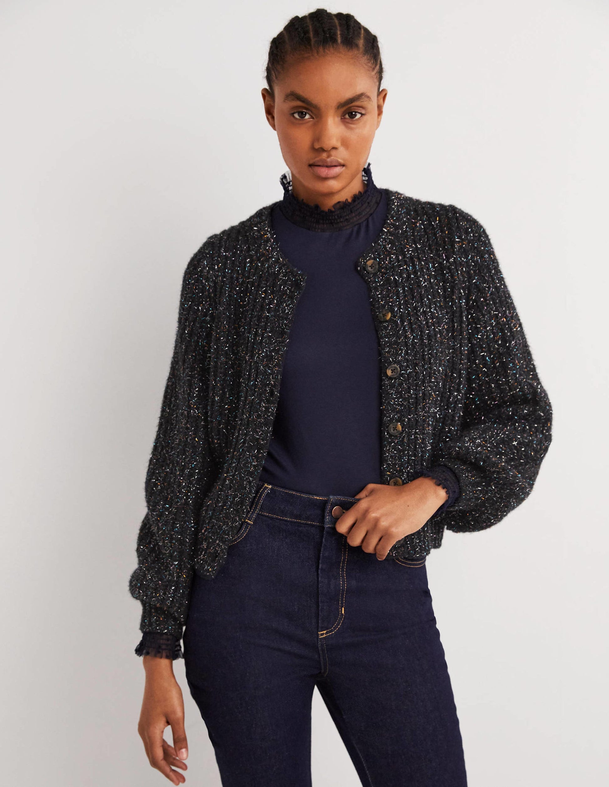 Black Chunky Ribbed Fluffy Cardigan-Black Sparkle-4