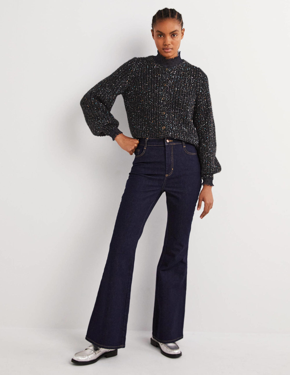 Black Chunky Ribbed Fluffy Cardigan-Black Sparkle-5