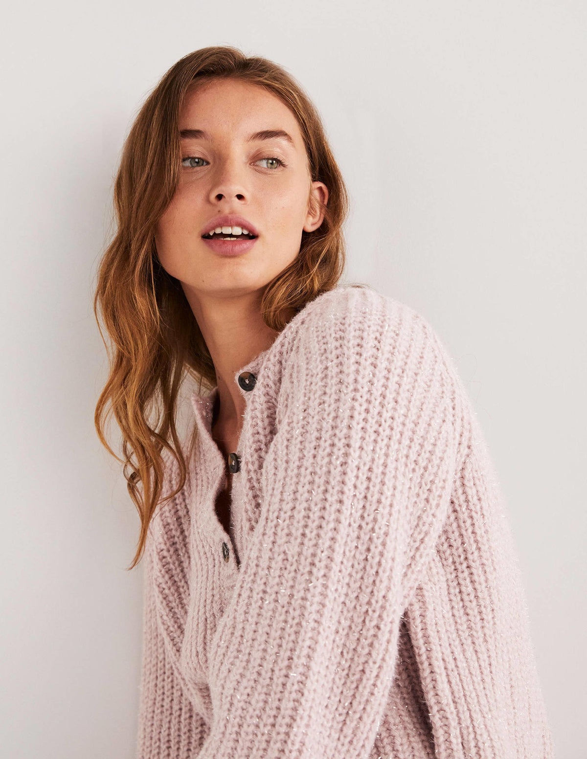 Light Pink Chunky Ribbed Fluffy Cardigan-Cameo Pink Sparkle-2