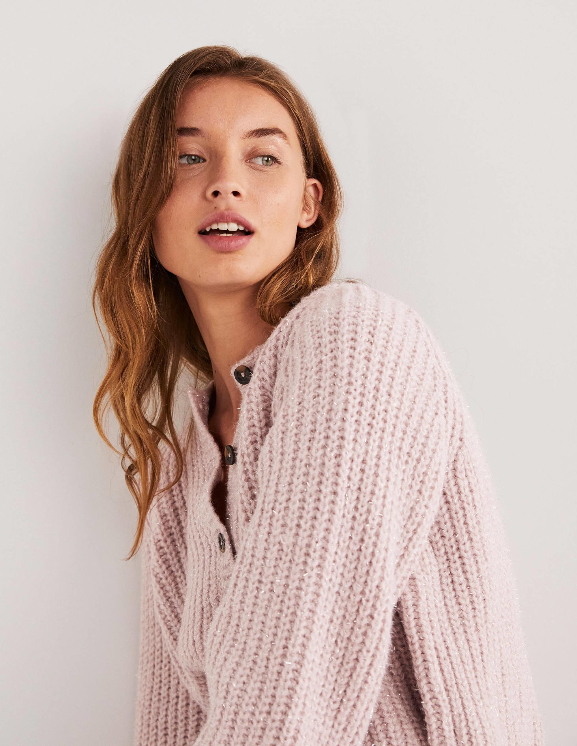 Light Pink Chunky Ribbed Fluffy Cardigan-Cameo Pink Sparkle - Image 2