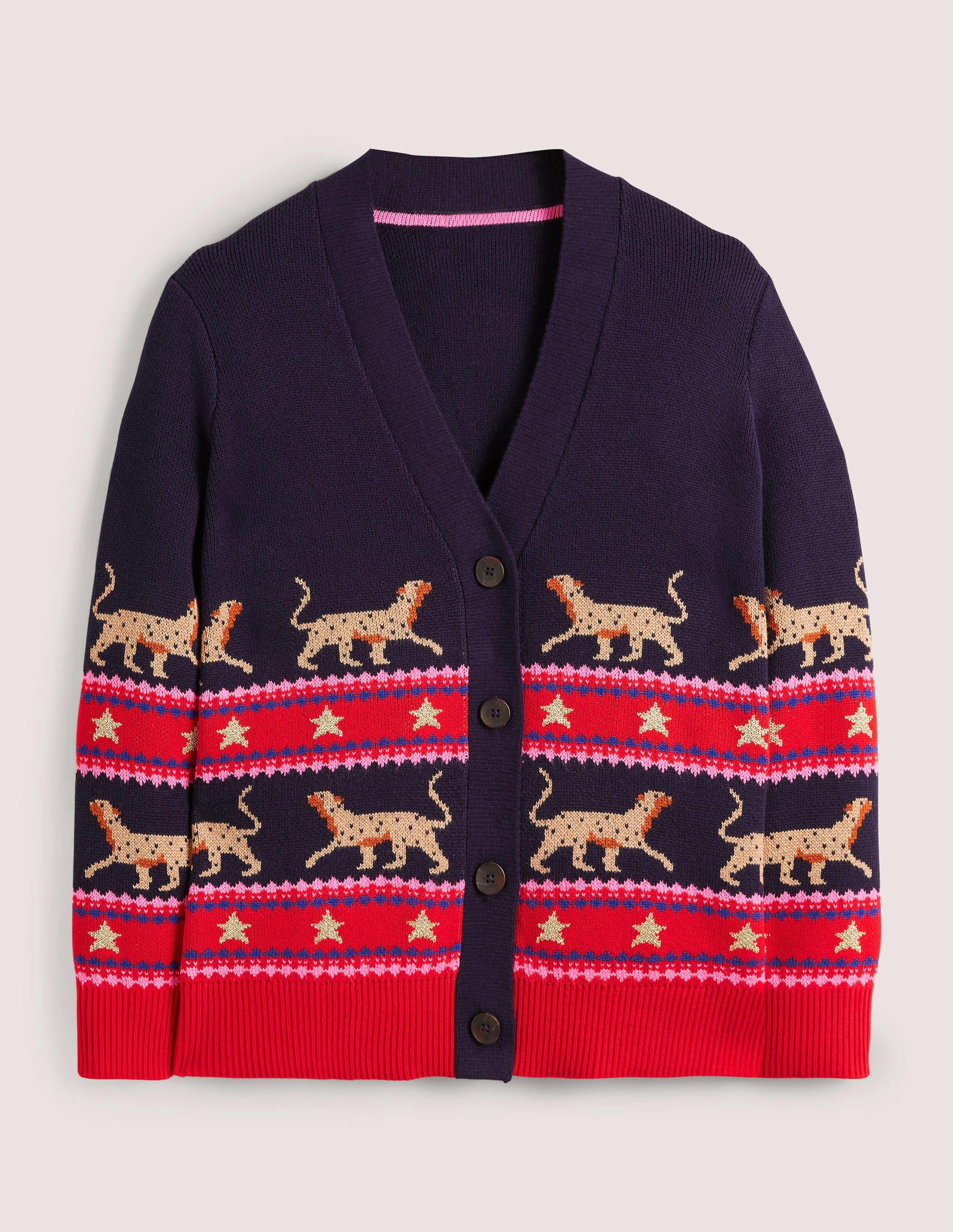 Oversized V-neck Cardigan-Navy Jacquard Leopard - Image 5