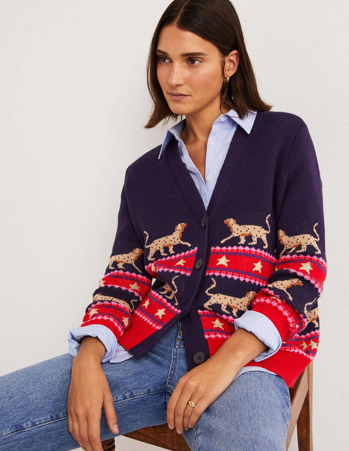 Oversized V-neck Cardigan-Navy Jacquard Leopard - Image 1