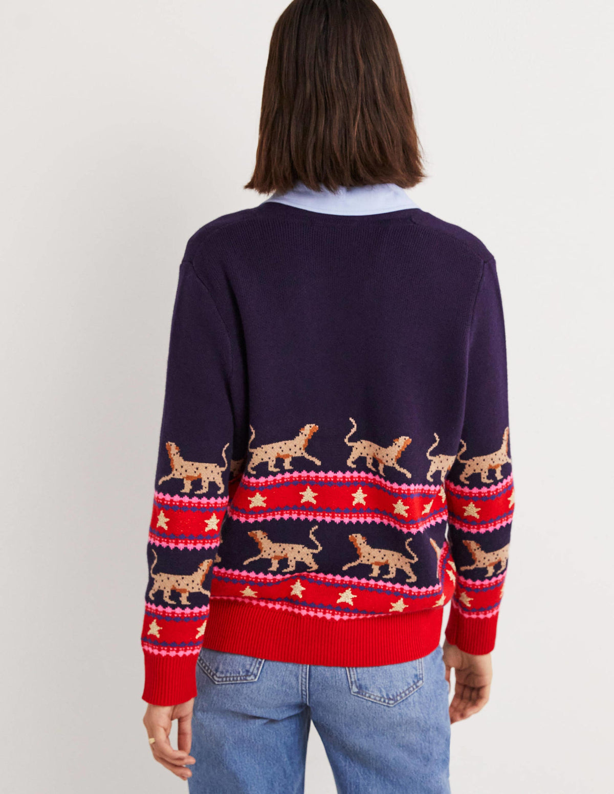 Oversized V-neck Cardigan-Navy Jacquard Leopard-3