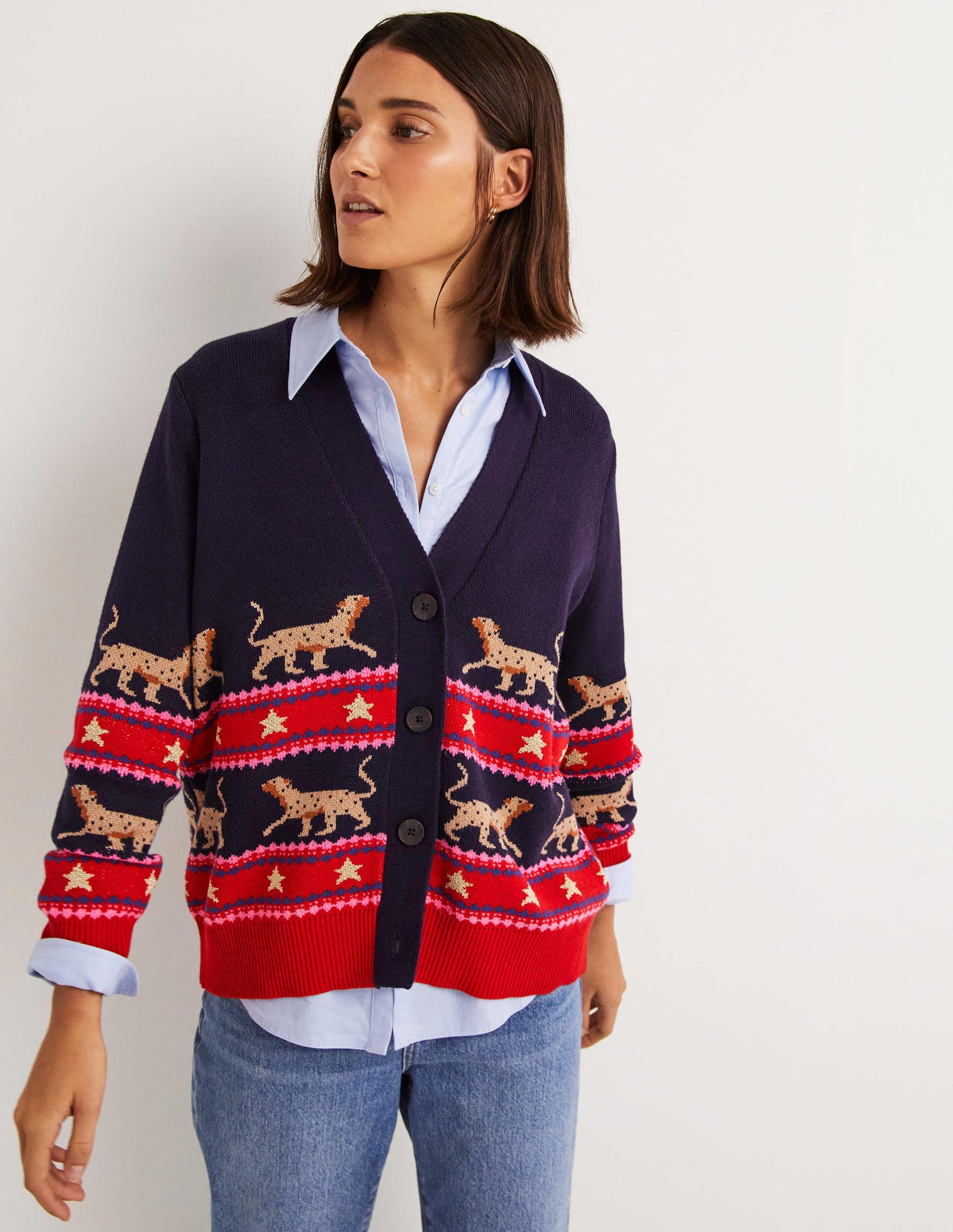 Oversized V-neck Cardigan-Navy Jacquard Leopard-4