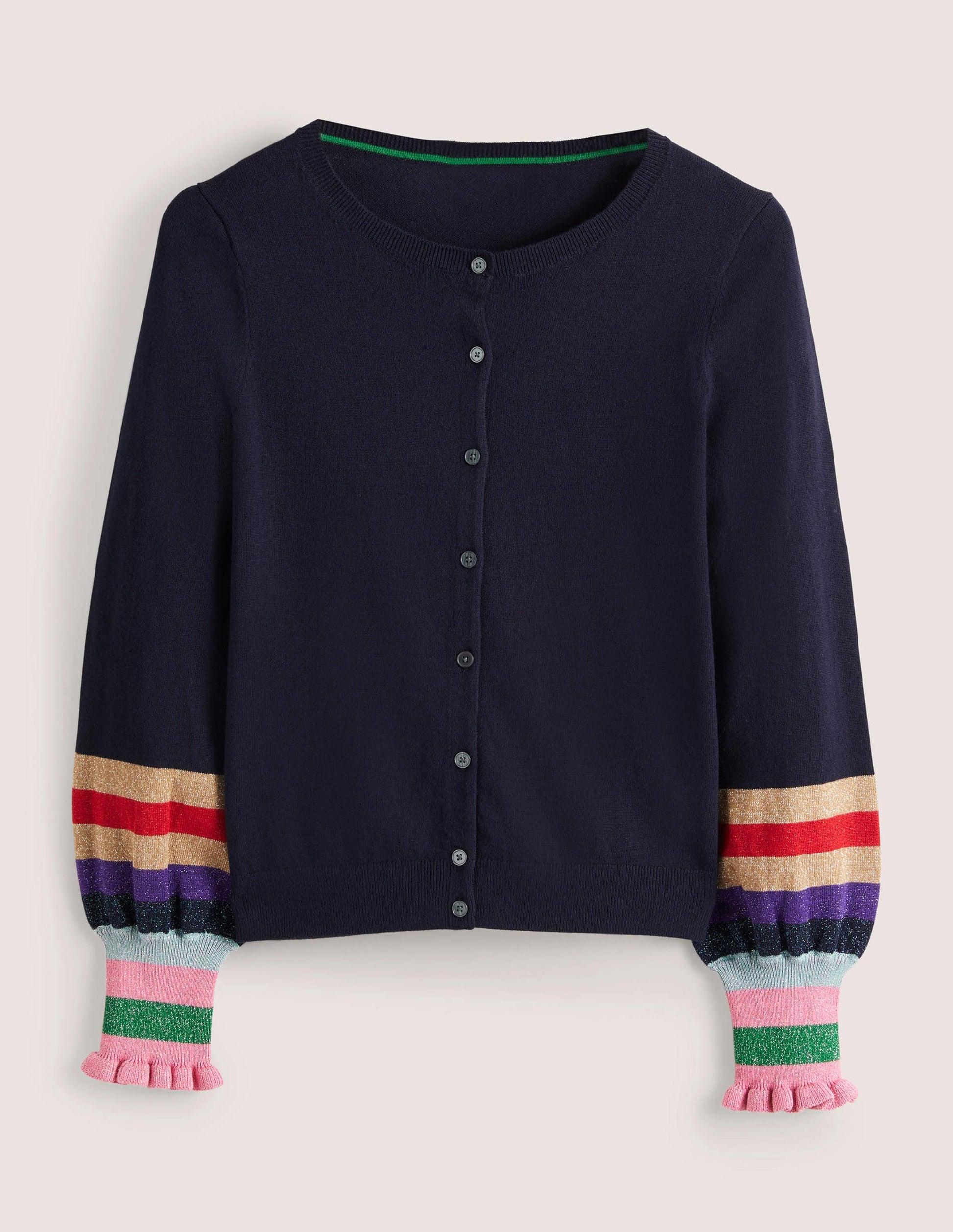 Metallic Frill Stripe Cardigan-Navy Multi Cuff-5