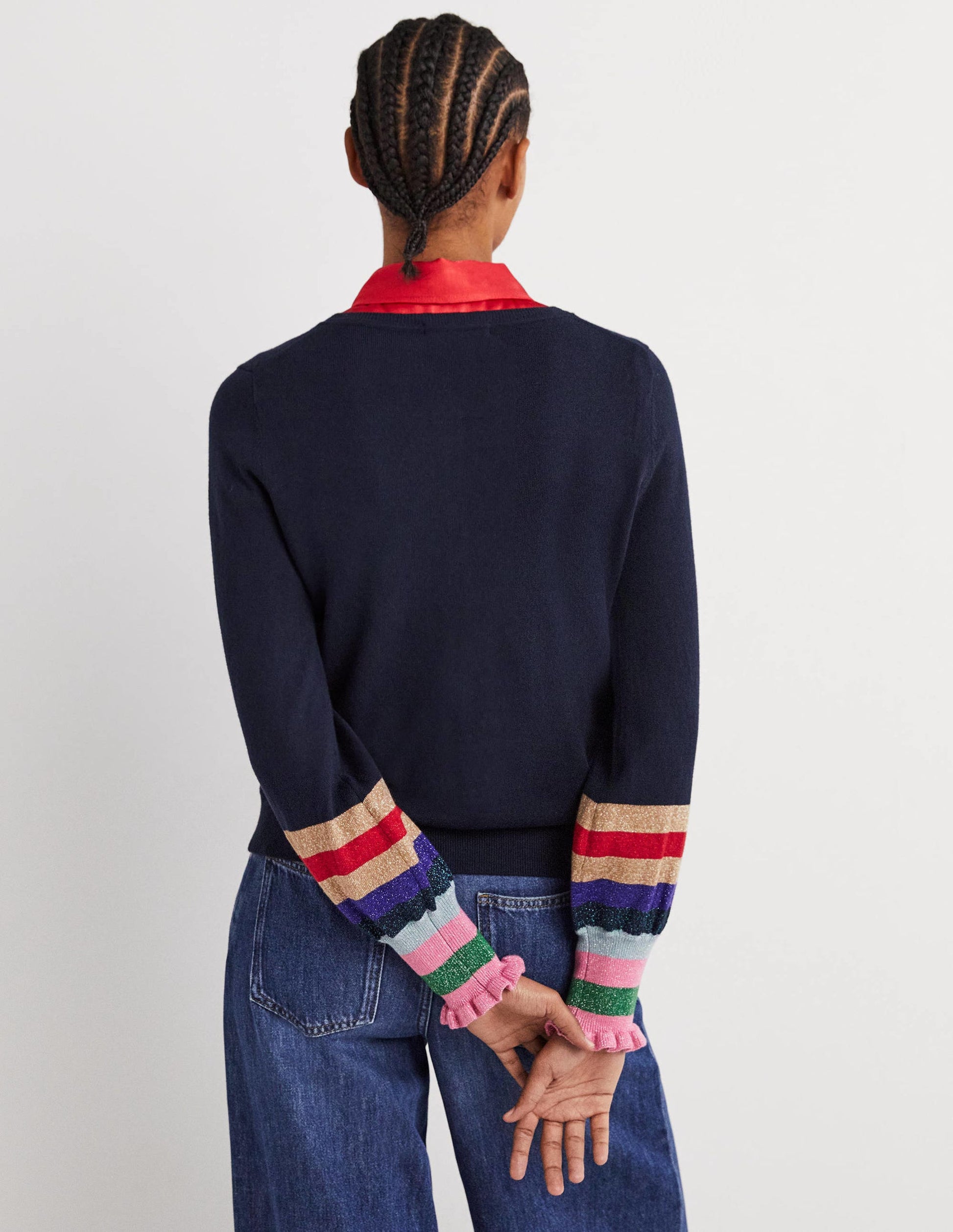 Metallic Frill Stripe Cardigan-Navy Multi Cuff-3