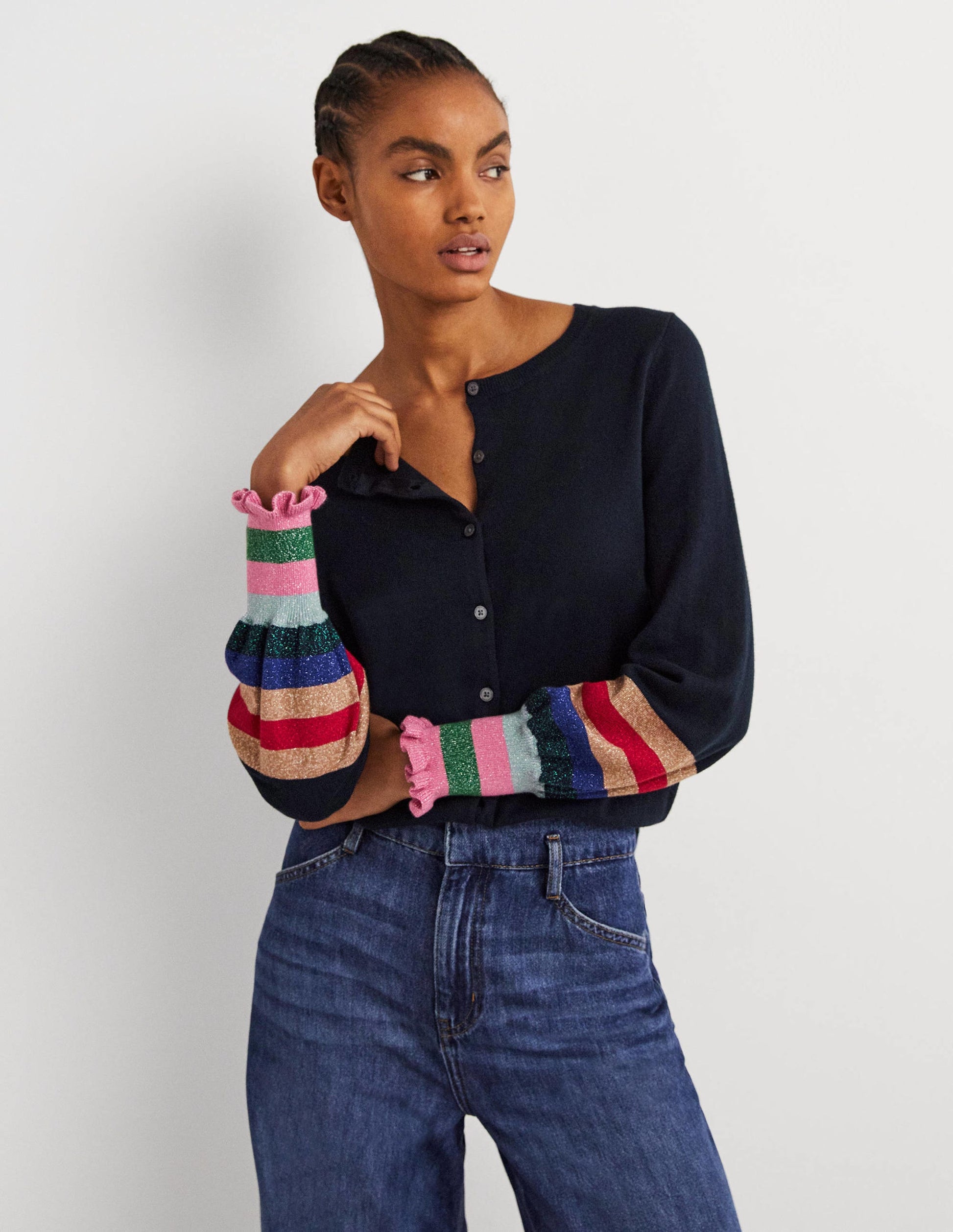 Metallic Frill Stripe Cardigan-Navy Multi Cuff-4