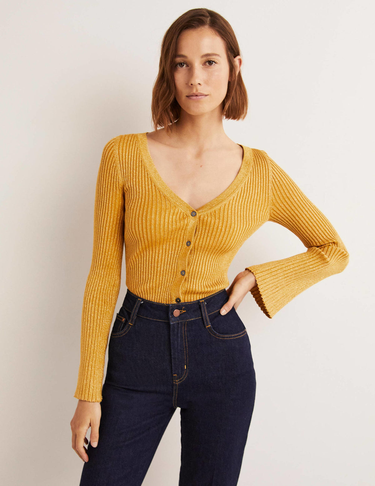 Gold Ribbed Metallic Cardigan-Gold - Image 5
