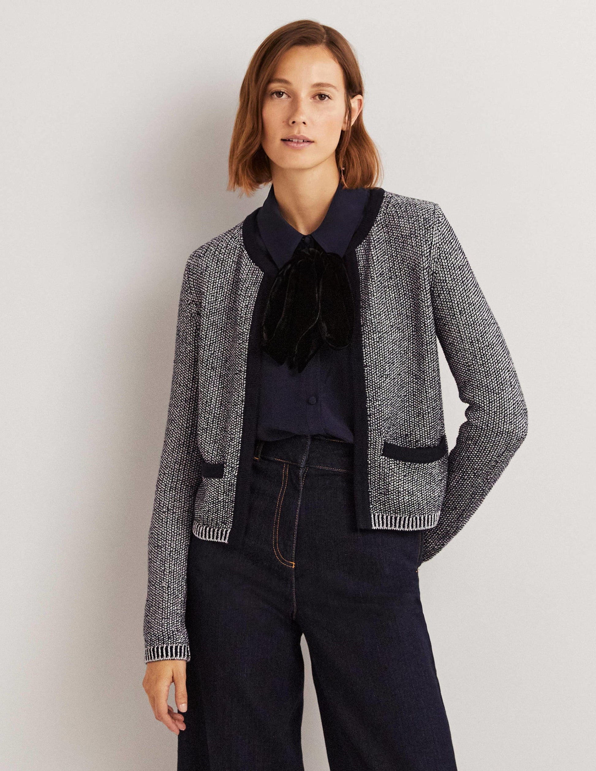 Stripe Trim Metallic Cardigan-Navy, Silver Metallic-1