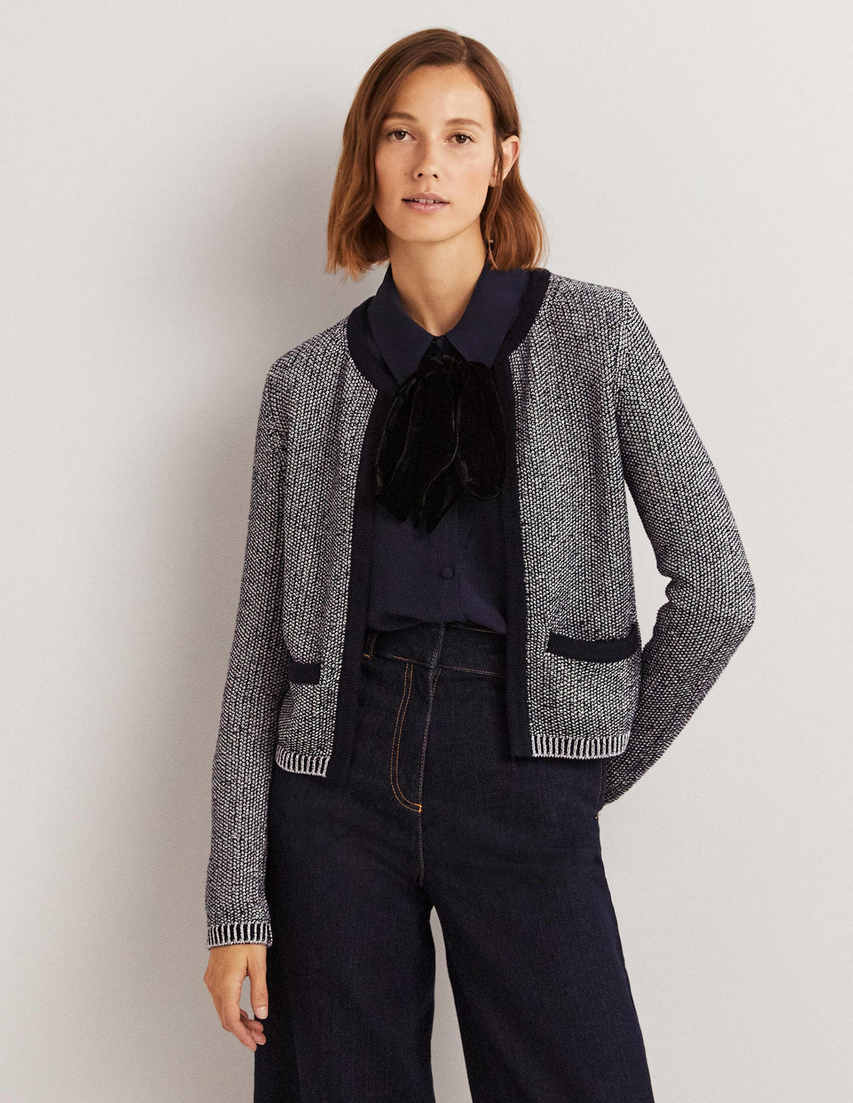 Stripe Trim Metallic Cardigan-Navy, Silver Metallic - Image 1
