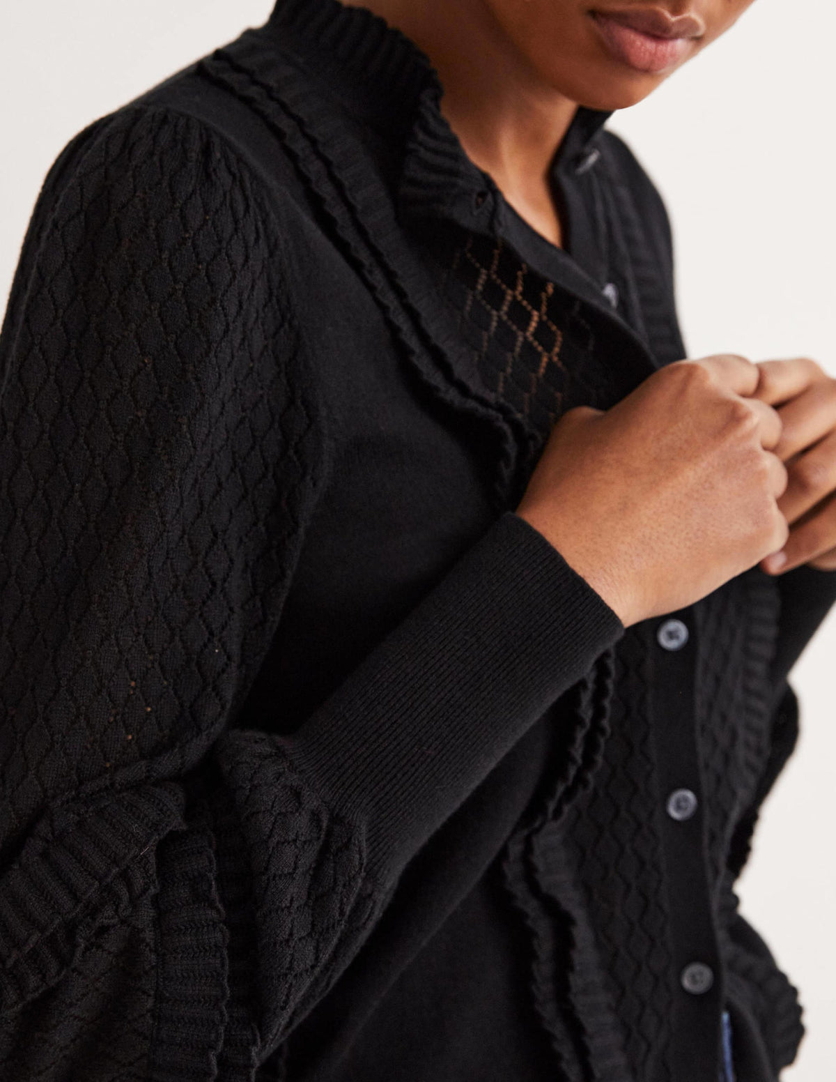 Pointelle Frill Cardigan-Black - Image 2