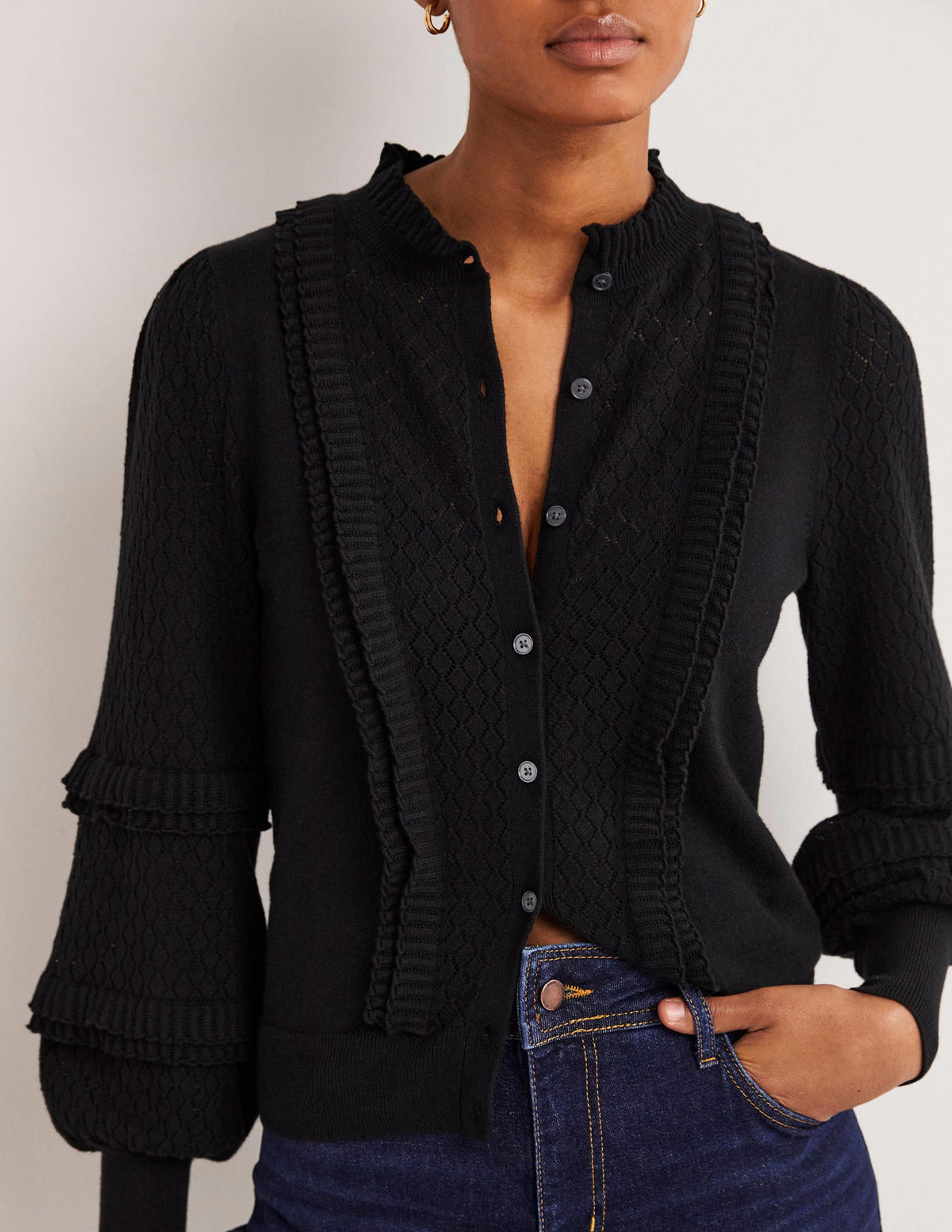 Pointelle Frill Cardigan-Black - Image 4