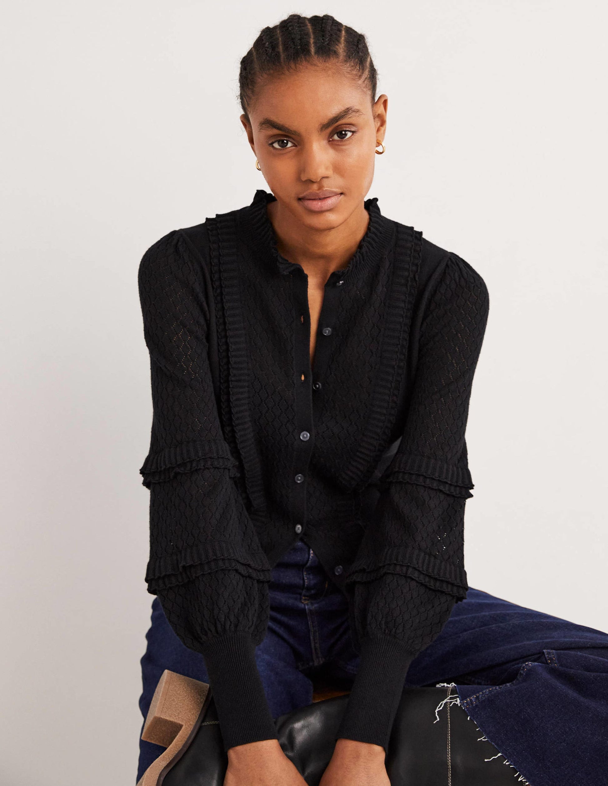 Pointelle Frill Cardigan-Black-5