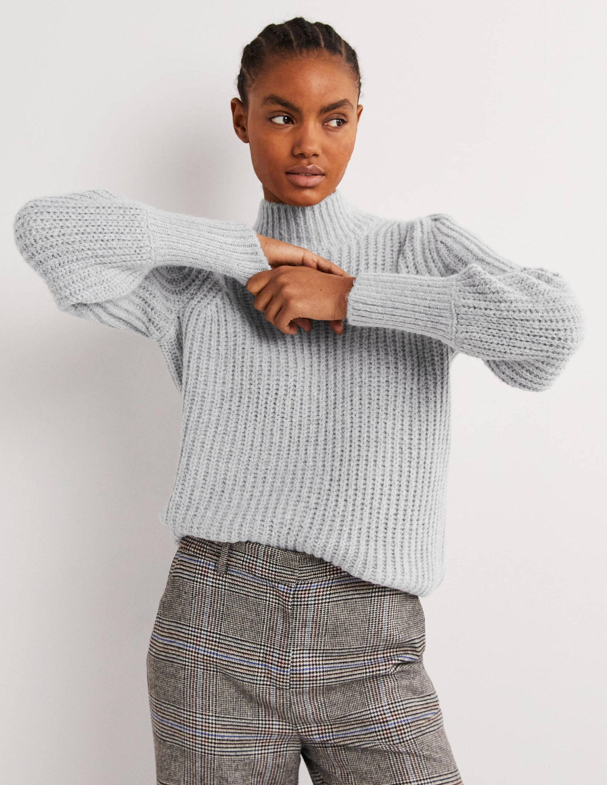 Ribbed Fluffy High Neck Jumper-Grey Melange-1