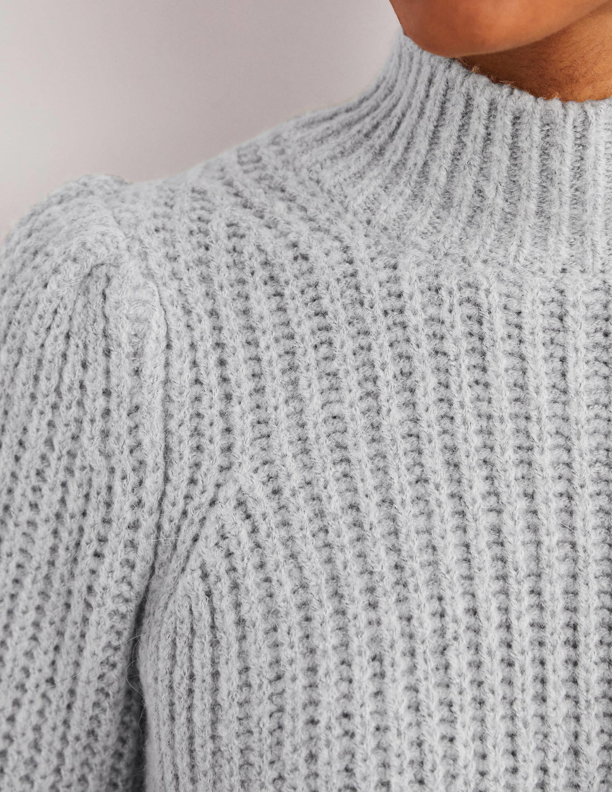 Ribbed Fluffy High Neck Jumper-Grey Melange-2