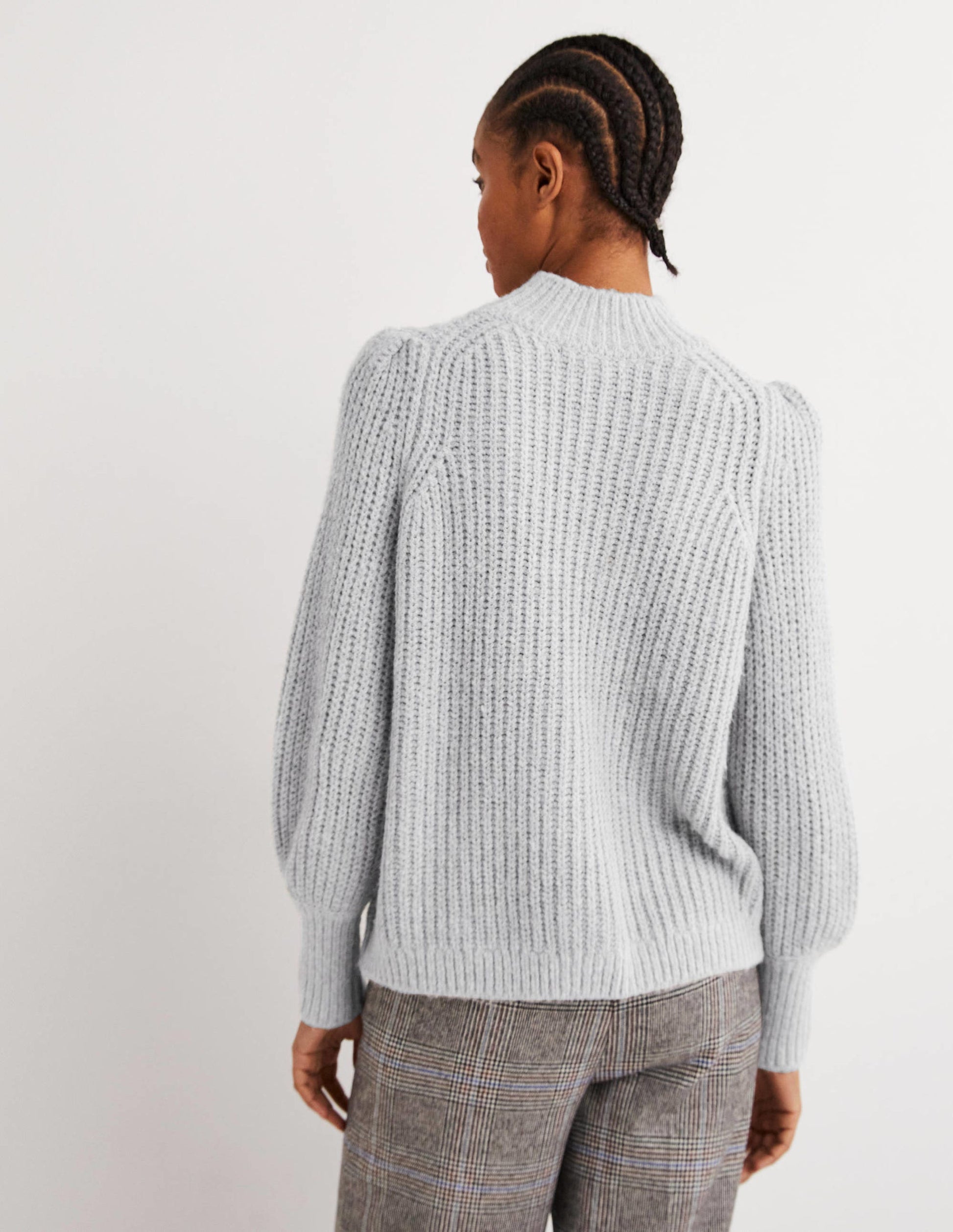 Ribbed Fluffy High Neck Jumper-Grey Melange-3