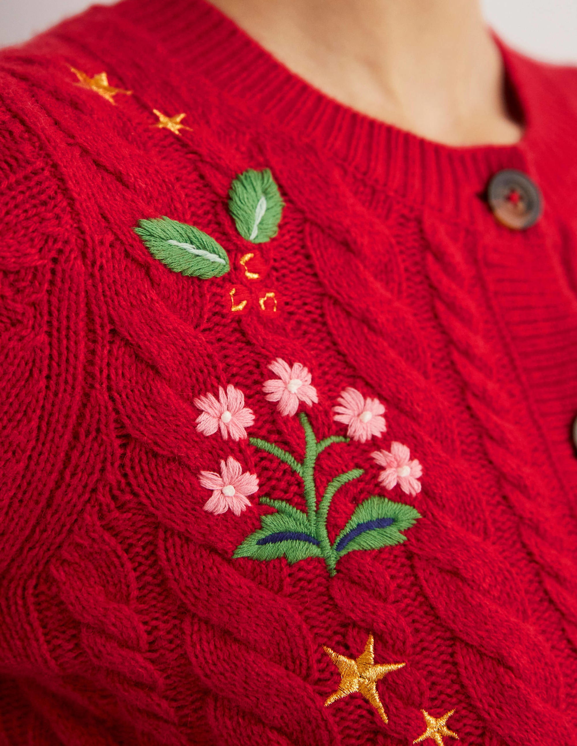 Embroidered Cropped Cardigan-Rockabilly Red Embroidery - Image 2