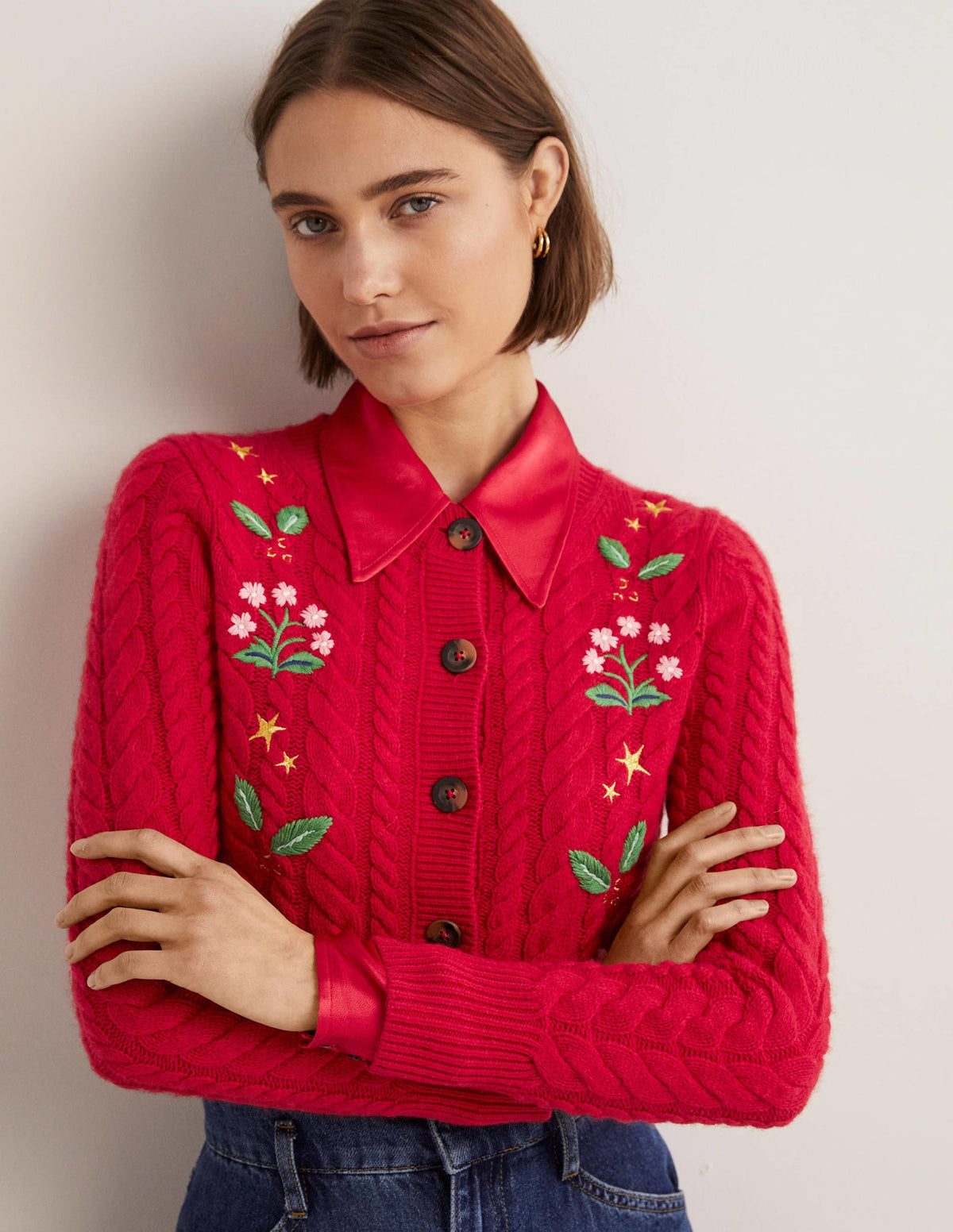 Embroidered Cropped Cardigan-Rockabilly Red Embroidery-4