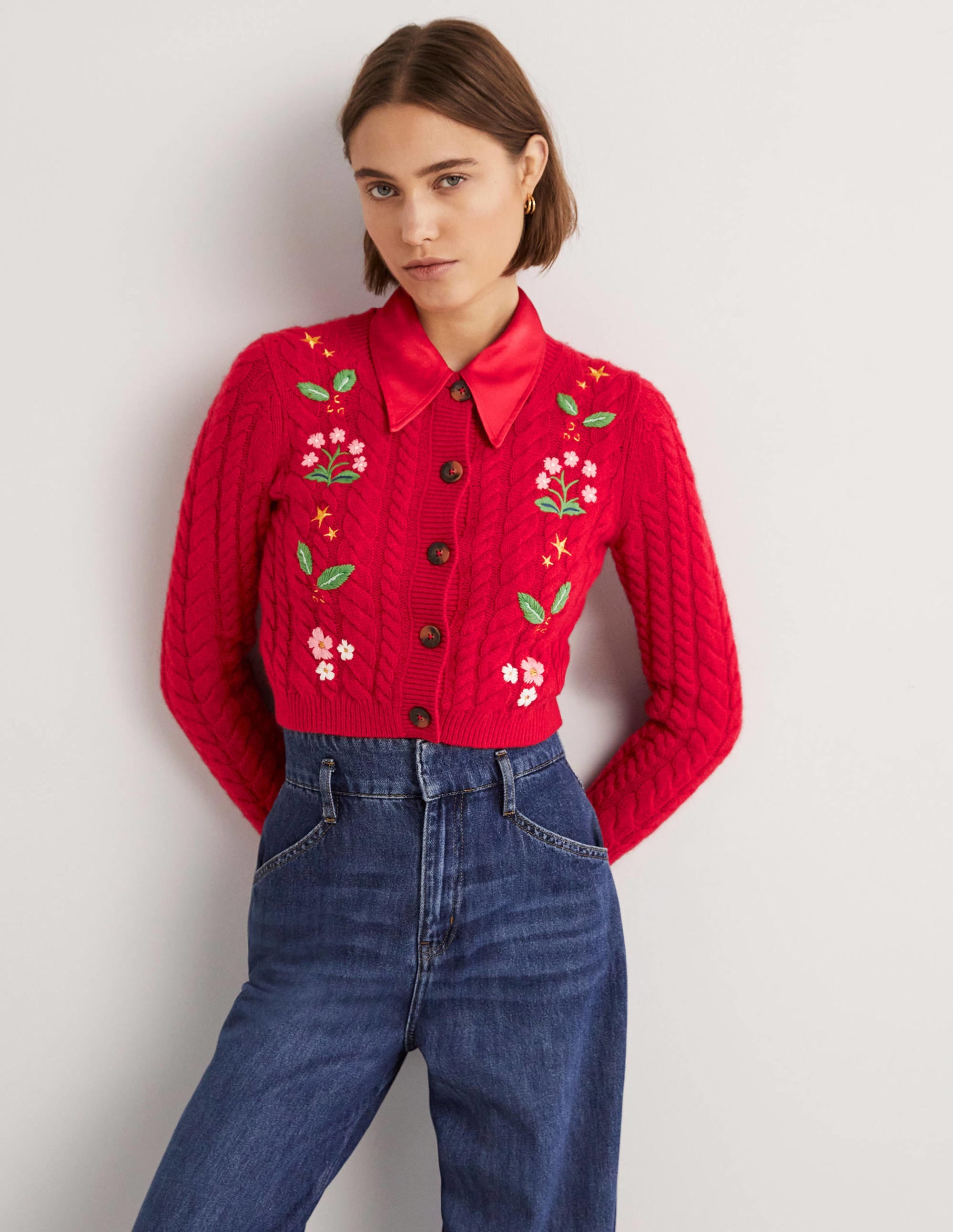 Embroidered Cropped Cardigan-Rockabilly Red Embroidery - Image 5