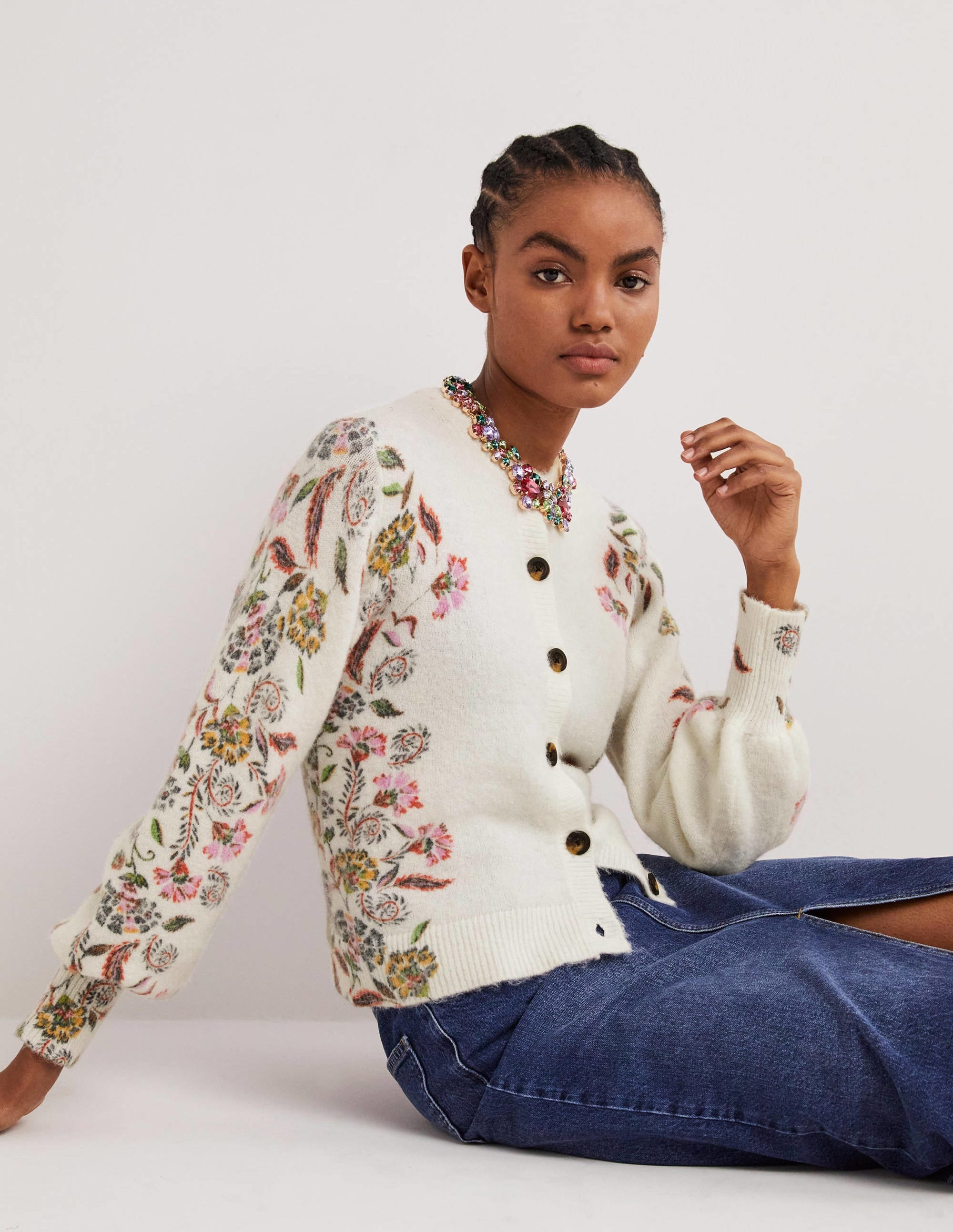 Printed Fluffy Cardigan-Ivory, Blossom Pomme - Image 4