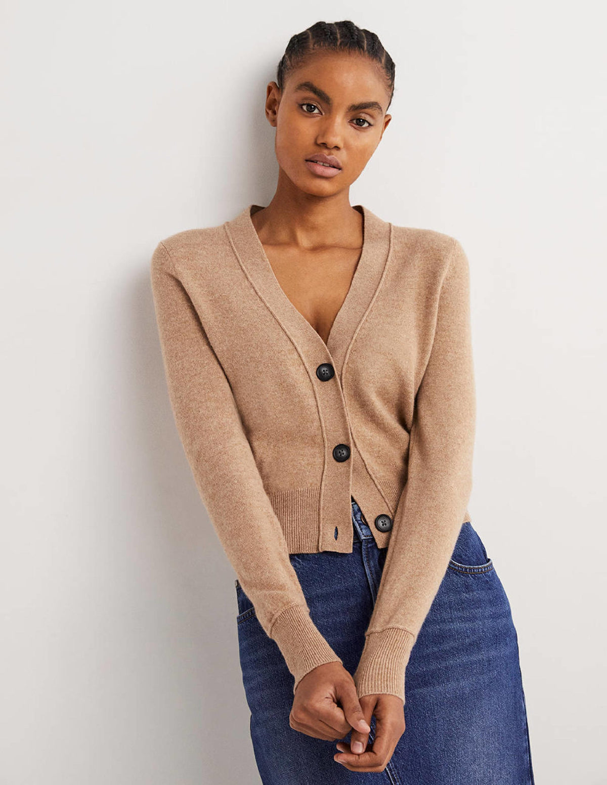 Cropped Cashmere V Cardigan-Camel Melange-1
