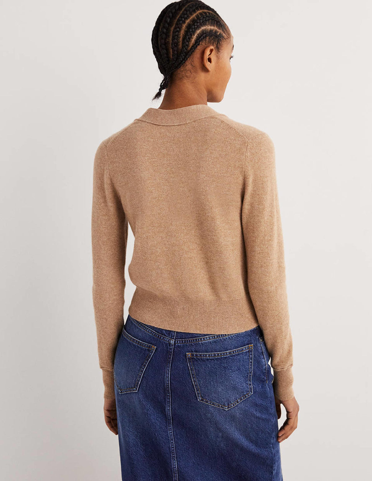 Cropped Cashmere V Cardigan-Camel Melange-3