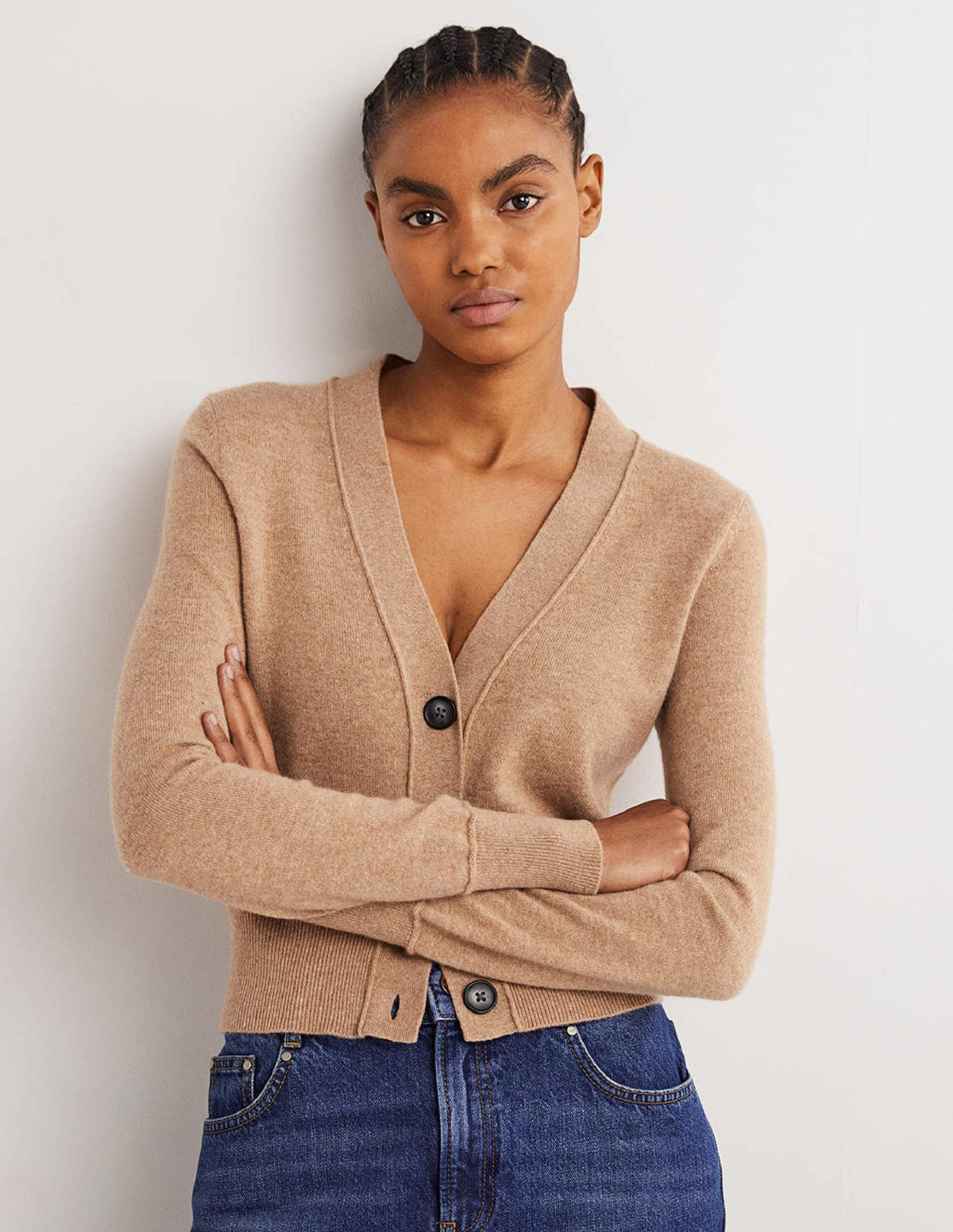 Cropped Cashmere V Cardigan-Camel Melange-5