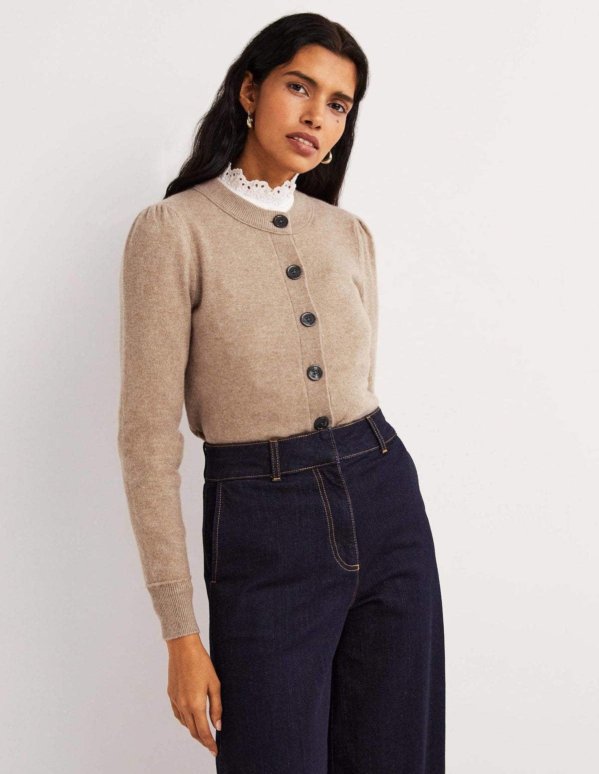 Cashmere Crew Neck Cardigan-Camel Melange - Image 1