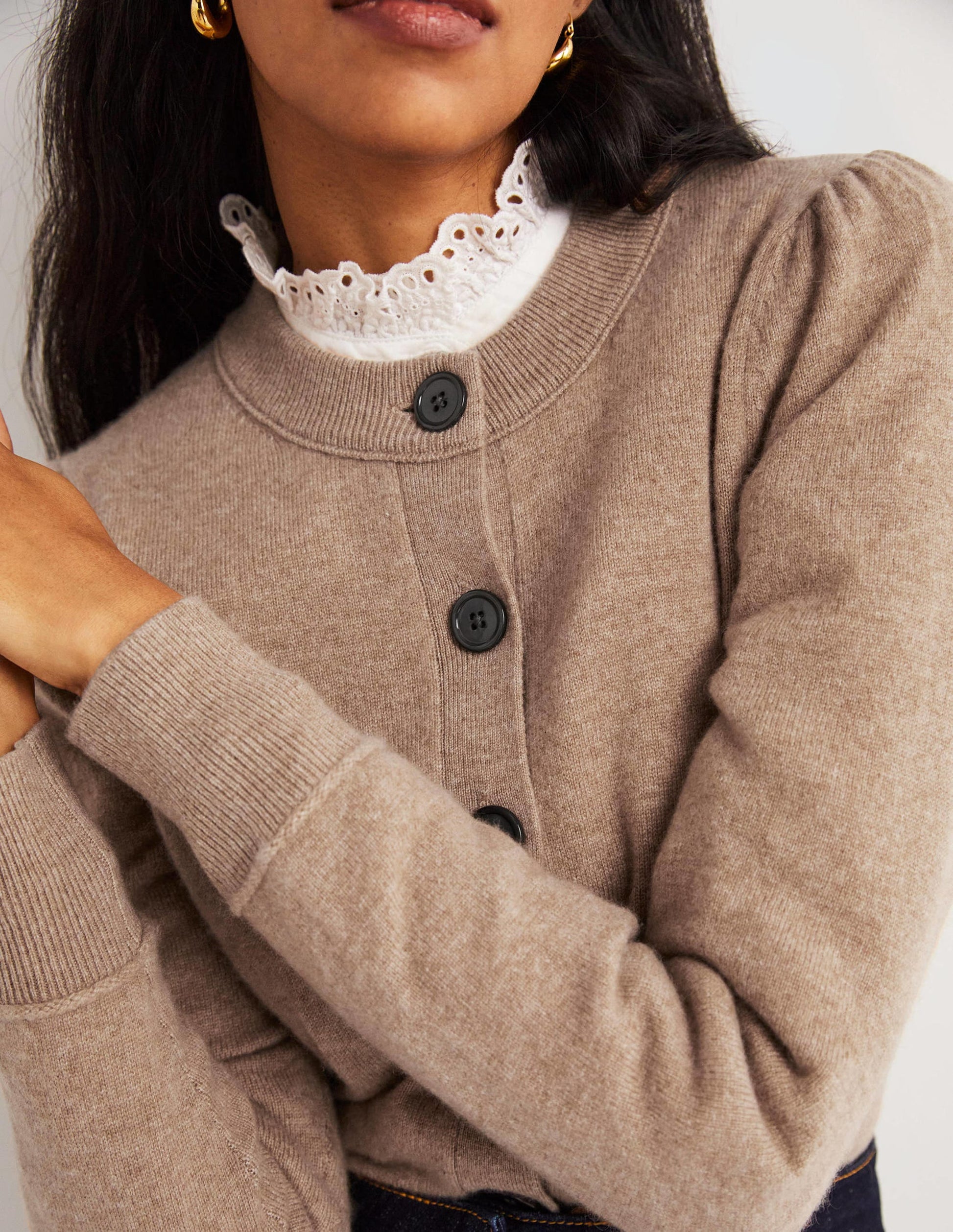 Cashmere Crew Neck Cardigan-Camel Melange-2