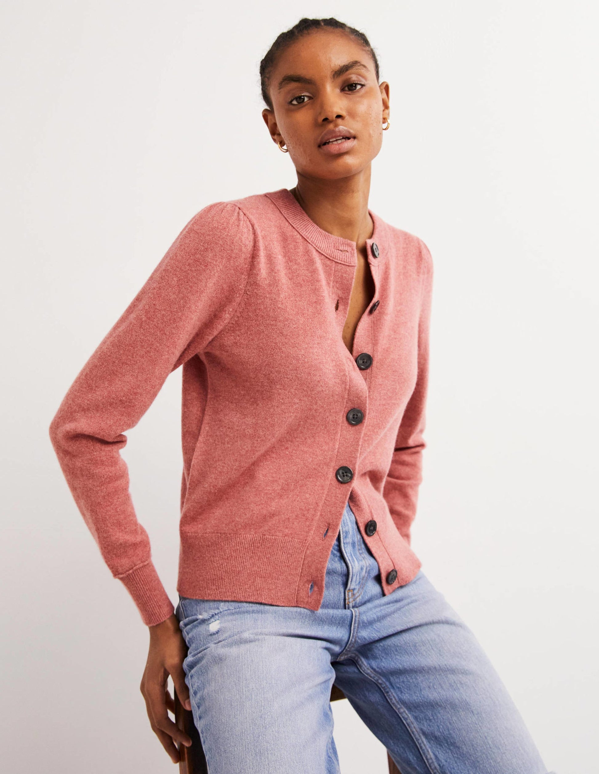 Cashmere Crew Neck Cardigan-Dusty Red Melange-1