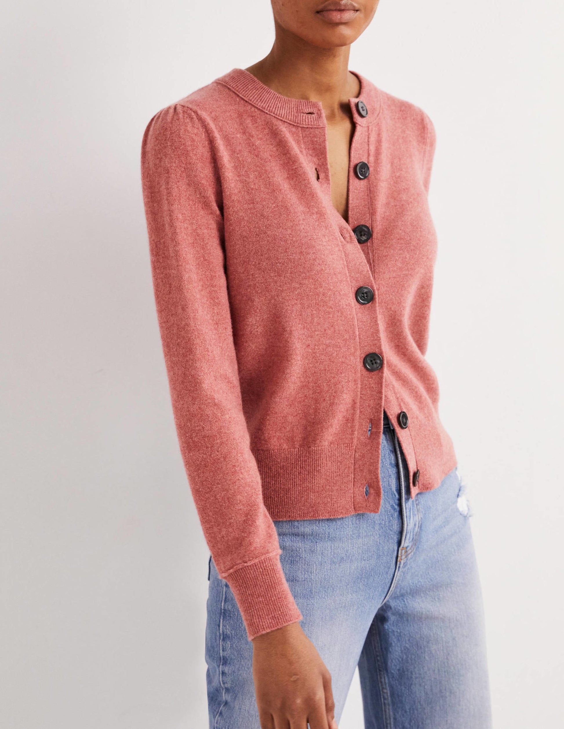Cashmere Crew Neck Cardigan-Dusty Red Melange-4