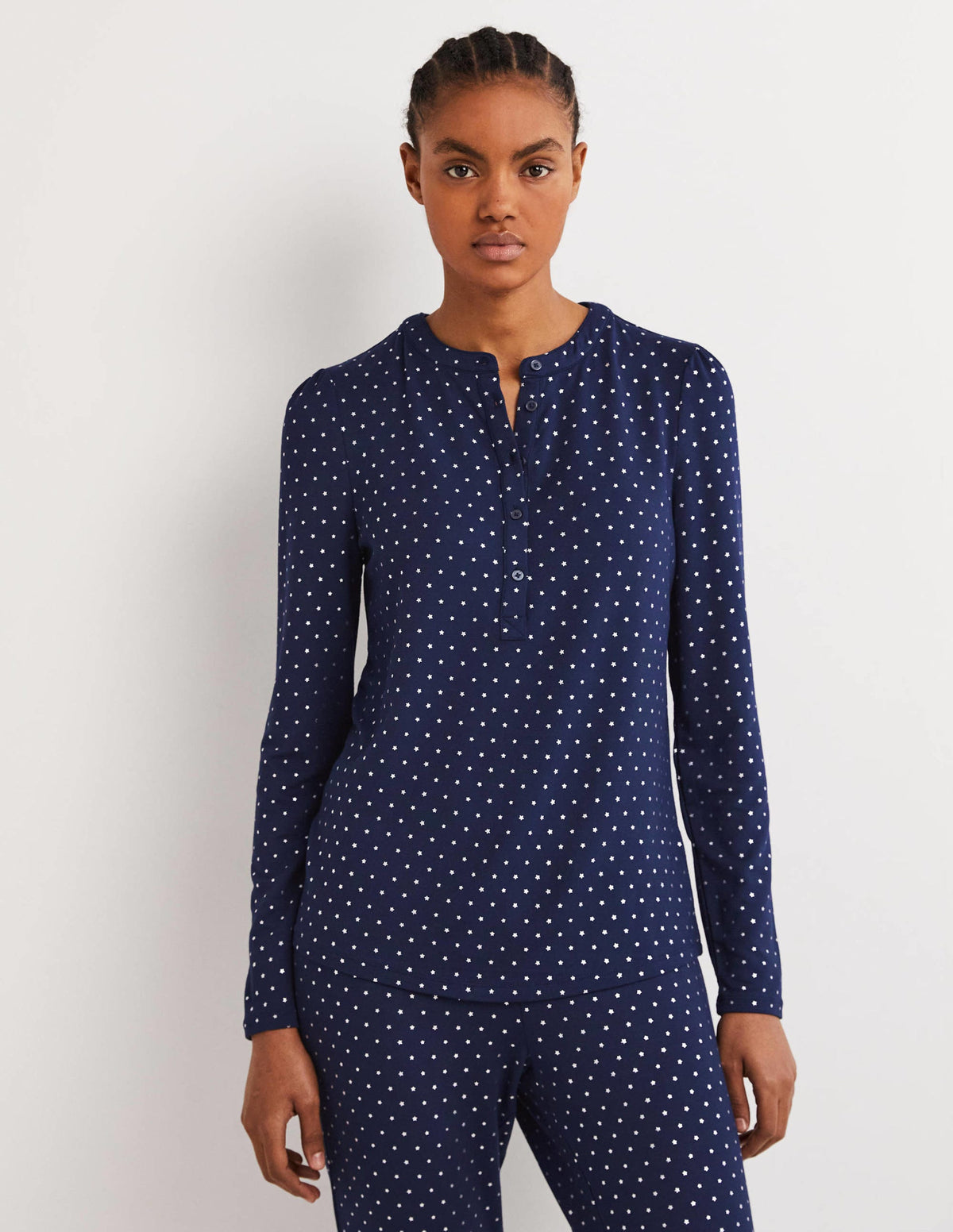 Jersey Puff Sleeve Henley-French Navy, Silver Star - Image 1
