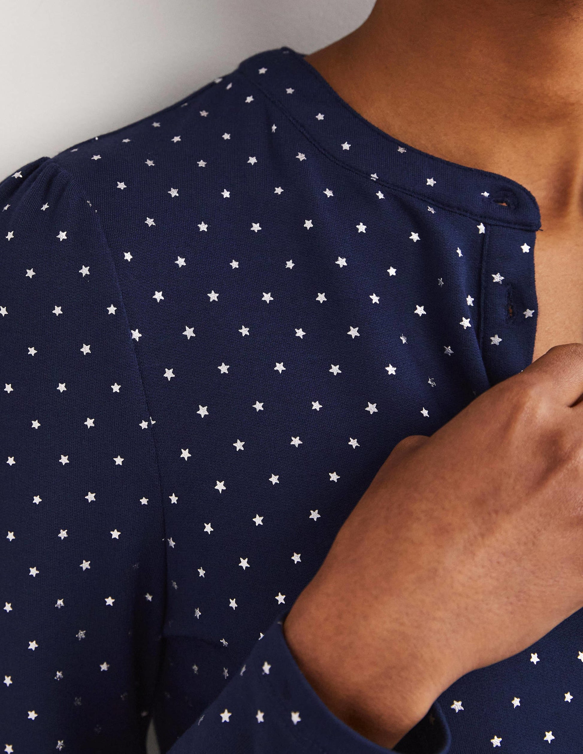 Jersey Puff Sleeve Henley-French Navy, Silver Star-2