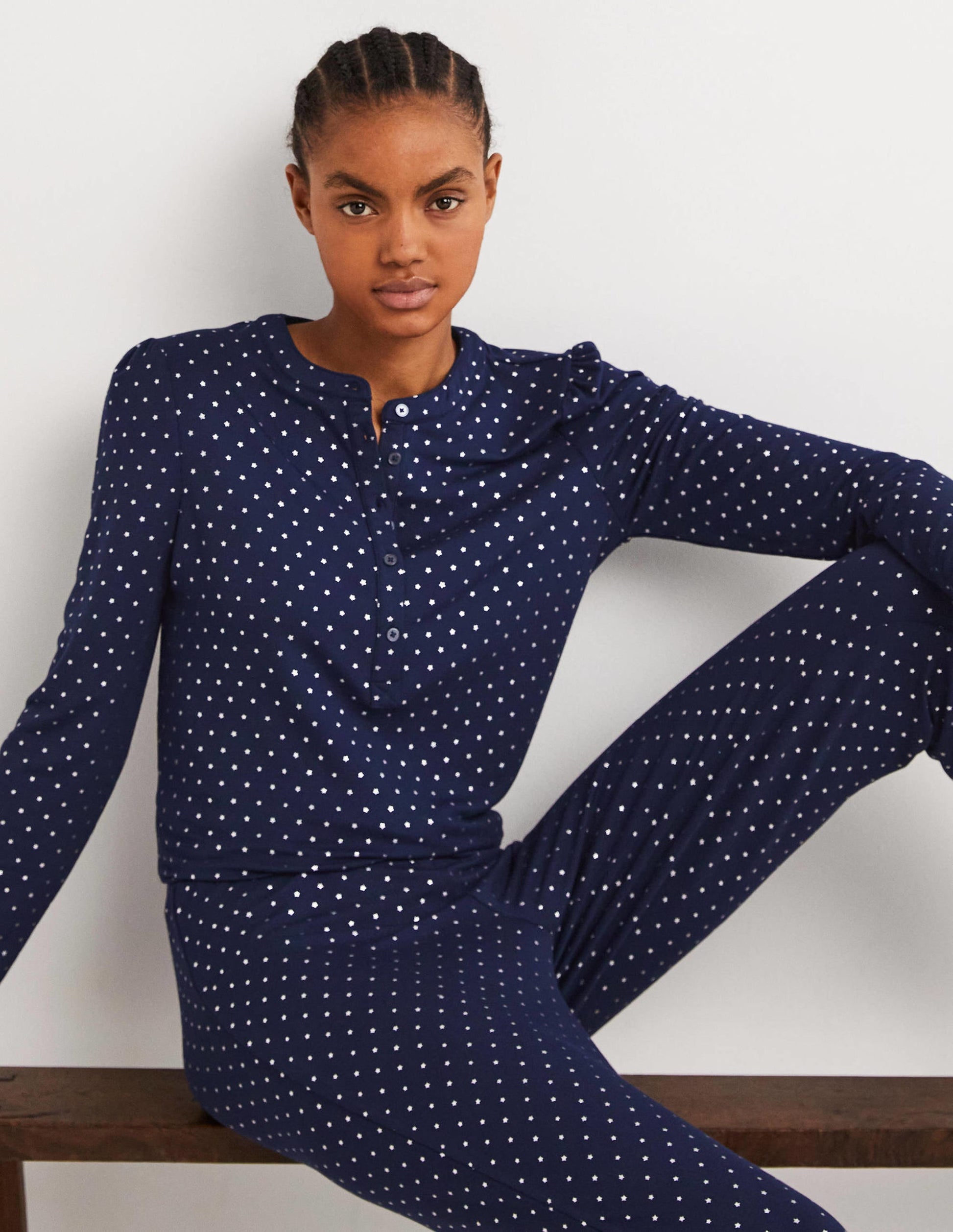 Jersey Puff Sleeve Henley-French Navy, Silver Star-4