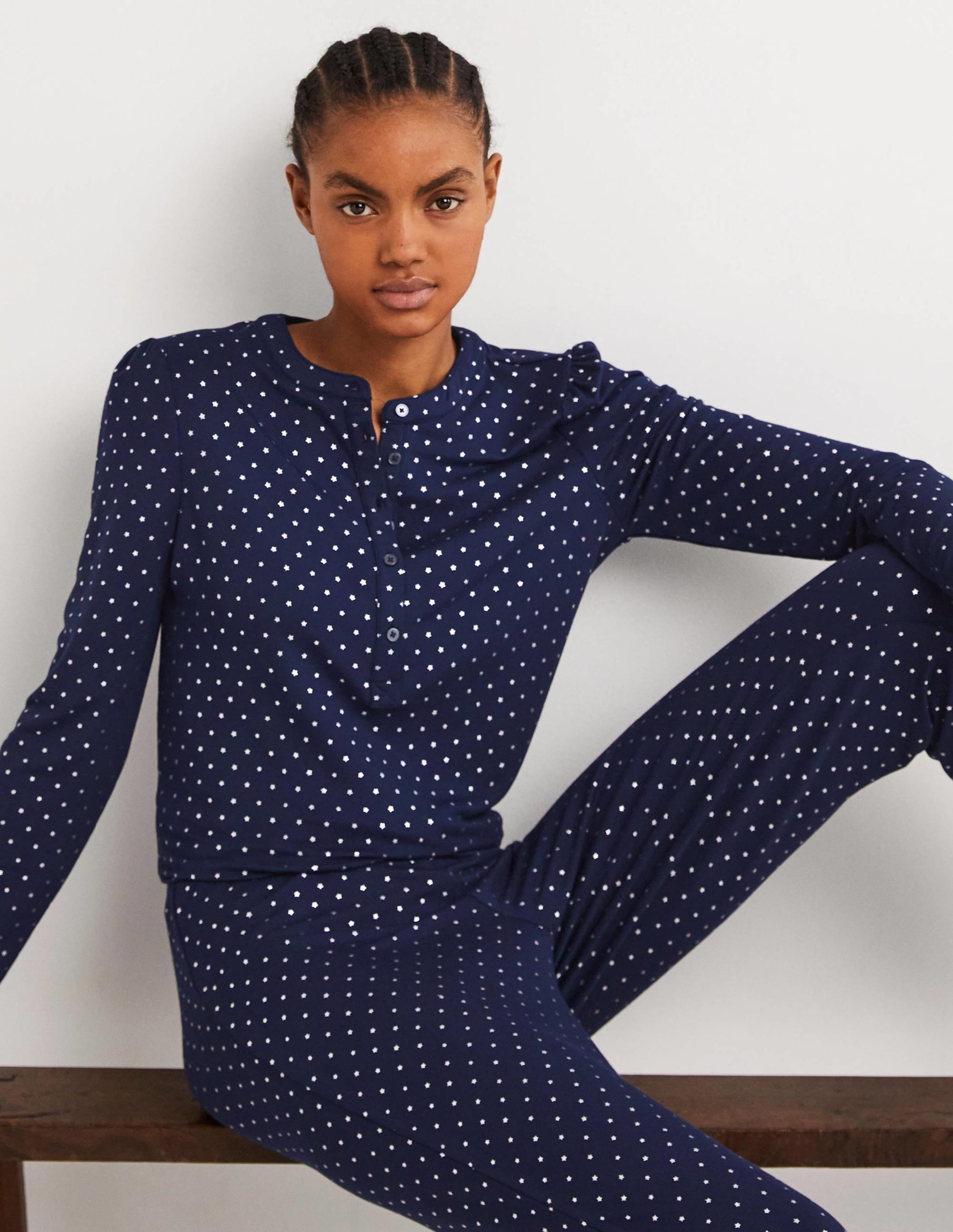 Jersey Puff Sleeve Henley-French Navy, Silver Star - Image 4